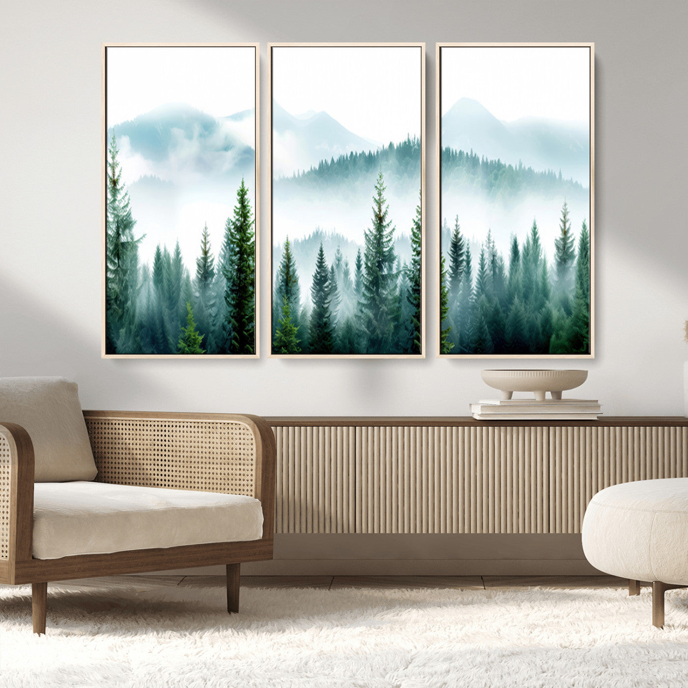 16716676-MGV-FC-48X32-3P_Natural-Pine Forest Wall Art Canvas Print, Framed Misty Mountains Art Picture Print, Foggy Trees Perfect Moody Forest Decor Artwork