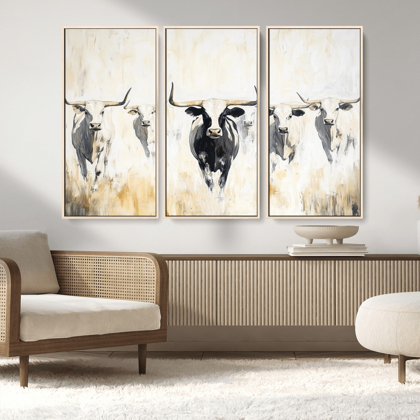 40397799-MGV-FC-48X32-3P_Natural-Texas Longhorn Wall Art Canvas Print, Framed Rustic Herd Art Picture Print, Western Bull Perfect Neutral Western Decor Artwork