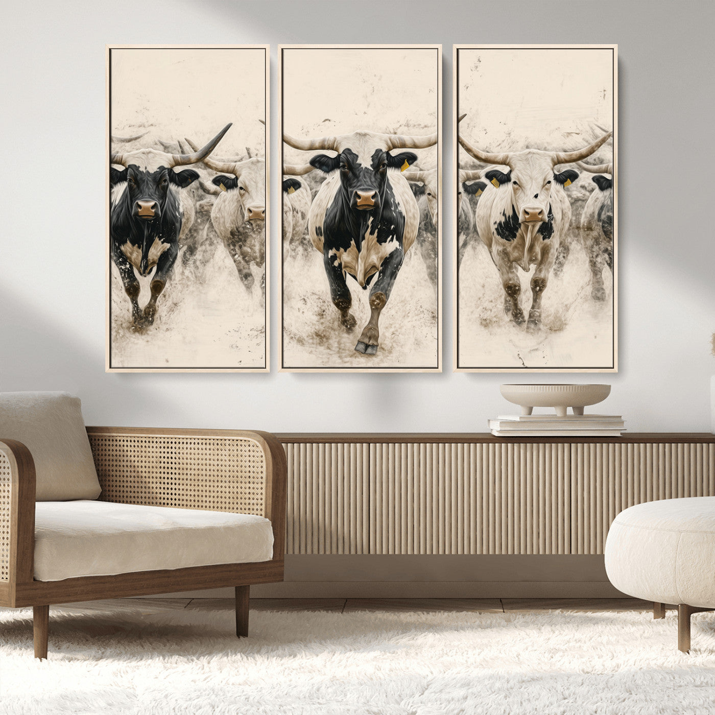 61538944-MGV-FC-48X32-3P_Natural-Texas Longhorn Wall Art Canvas Print, Framed Cattles Walking Art Picture Print, Black White Bulls Perfect Rustic Western Decor
