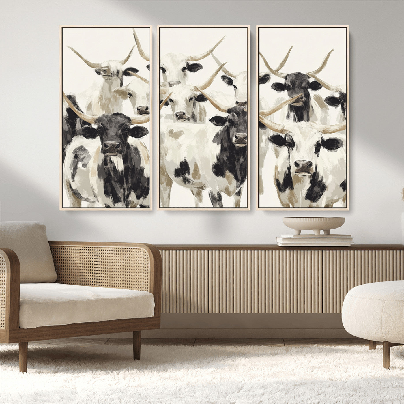 52947970-MGV-CV-36X24-Texas Longhorn Wall Art Canvas Print, Framed Cattle Herd Art Picture Print, Herd Portrait Perfect Modern Farmhouse Decor Artwork