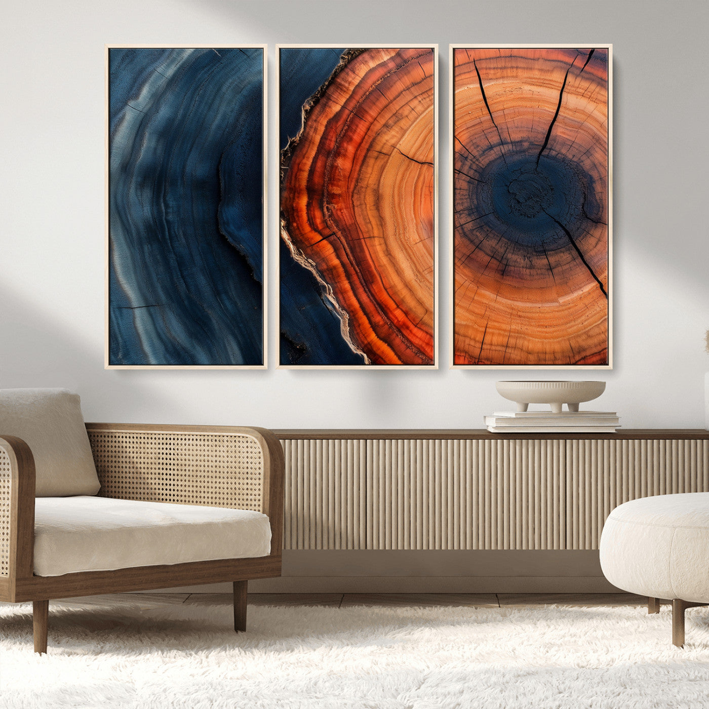 57732250-MGV-FC-48X32-3P_Natural-Tree Ring Abstract Wall Art – Blue Orange Wood Grain Canvas Print, Modern Rustic Nature Artwork for Living Room, Office,