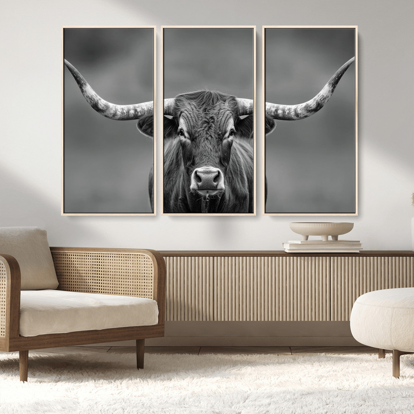 81228550-MGV-FC-48X32-3P_Natural-Framed Texas Longhorn Bull Art Canvas Print, Western Bull Wall Art Print, Long Horn Bull Photo Print for Log Cabin, Large Bull