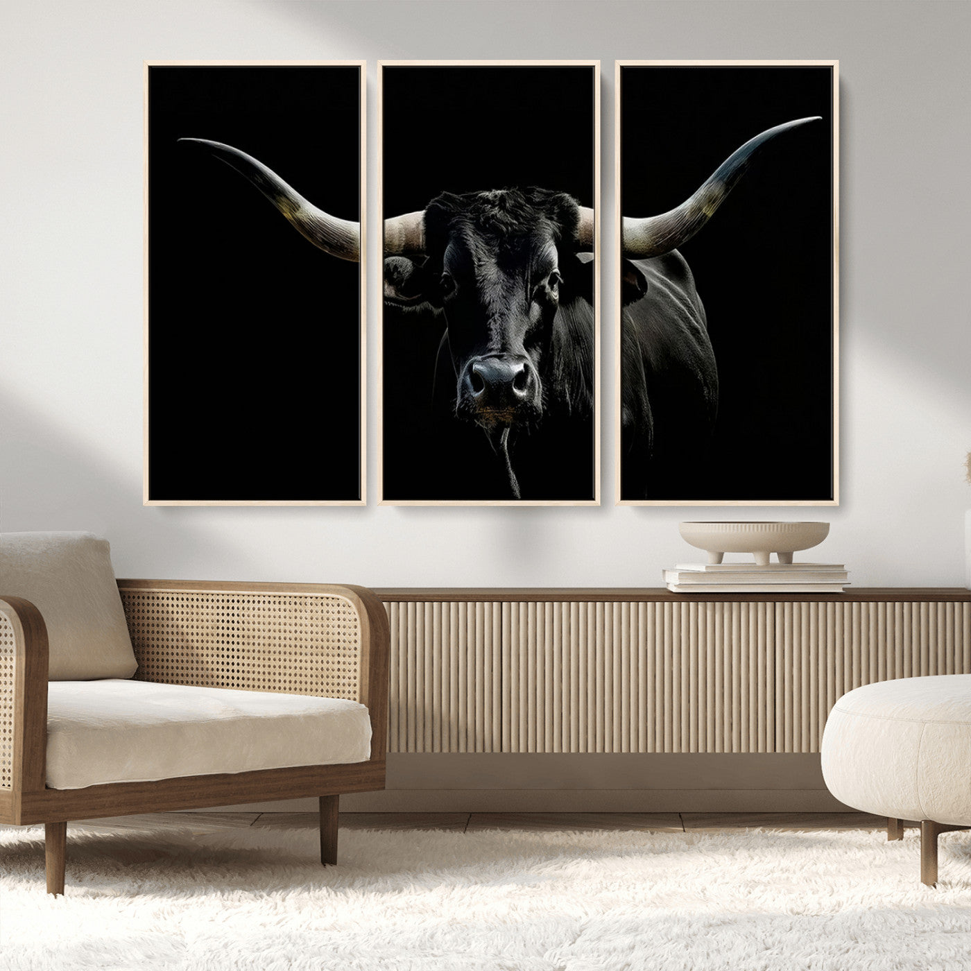 37531960-MGV-CV-36X24-Black Longhorn Bull Wall Art – Dramatic Western Cattle Canvas Print, Rustic Farmhouse Animal Artwork for Living Room, Bedroom,
