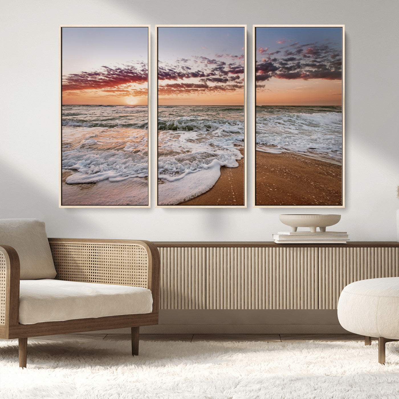 39846389-MGV-CV-36X24-Ocean Sunset Wall Art Canvas Print, Framed Sandy Shore Art Picture Print, Gentle Waves Perfect Minimalist Coastal Decor Artwork