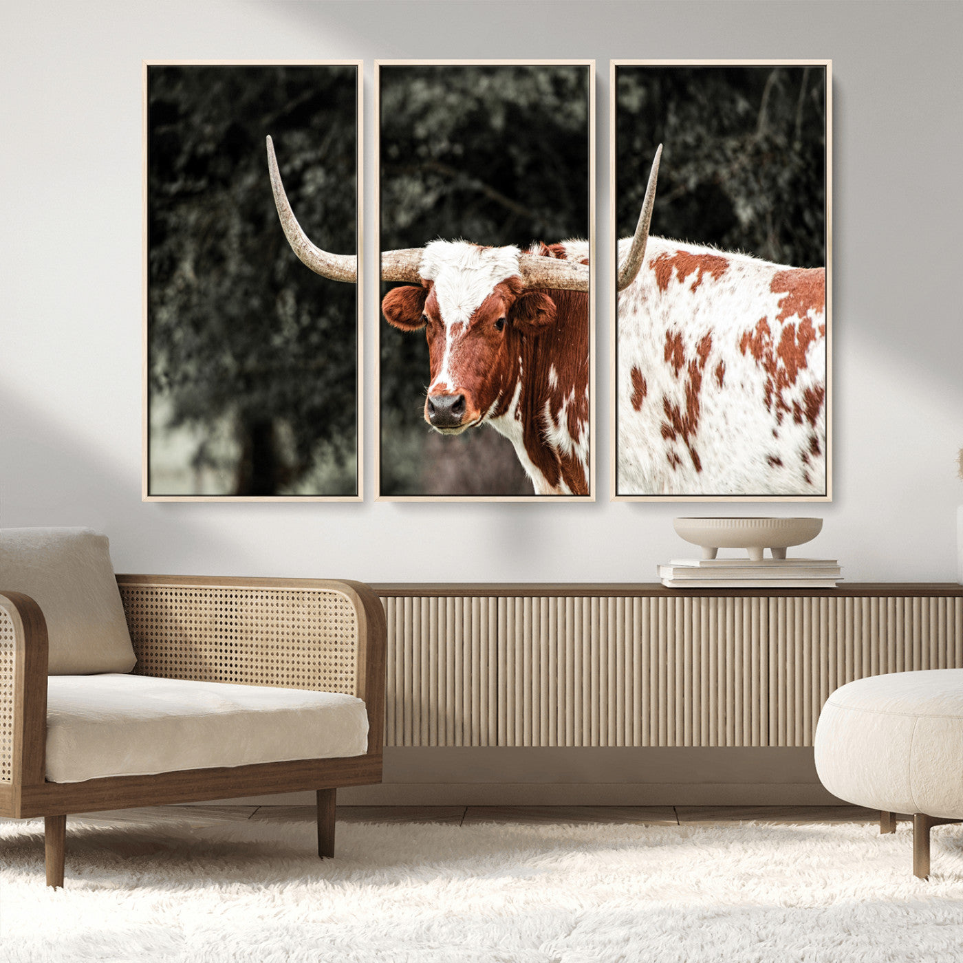 54027638-MGV-CV-36X24-Texas Longhorn Wall Art Canvas Print, Framed Spotted Cow Art Picture Print, Horned Bull Perfect Rustic Western Decor Artwork