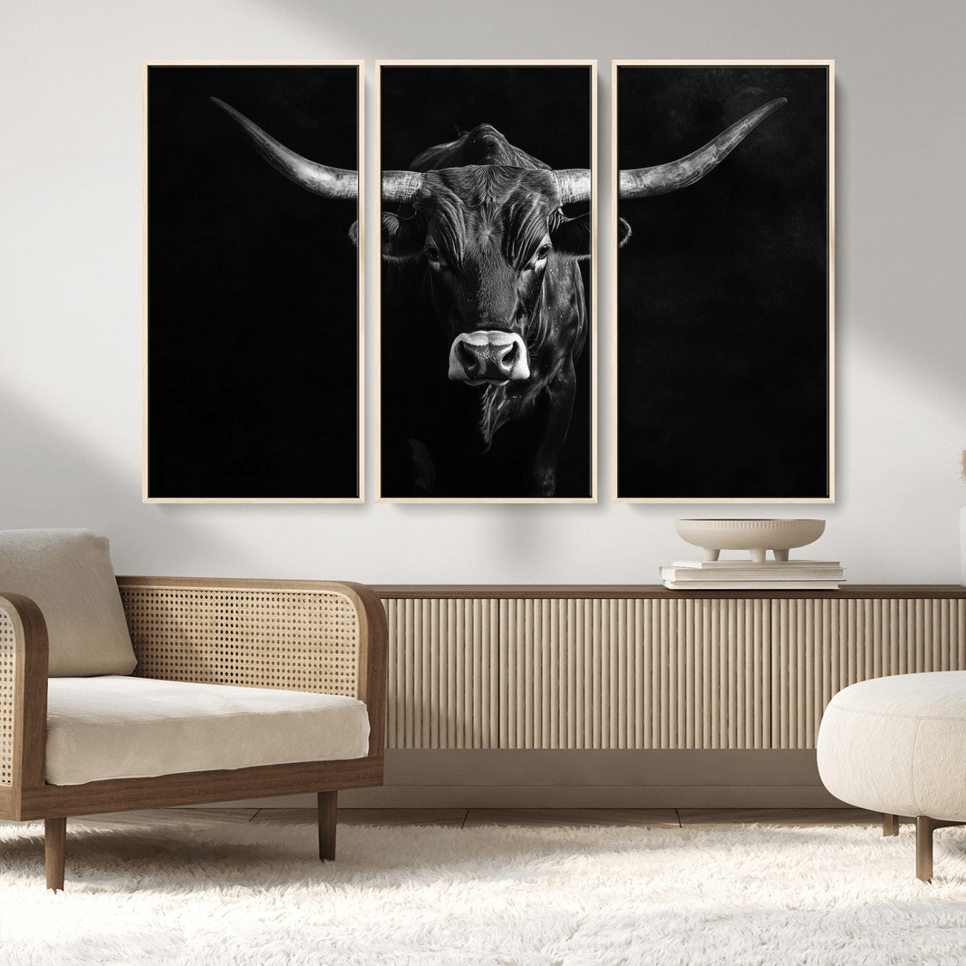 42077175-MGV-CV-36X24-Texas Longhorn Wall Art Canvas Print, Framed Monochrome Bull Art Picture Print, Horned Bull Perfect Rustic Western Decor Artwork
