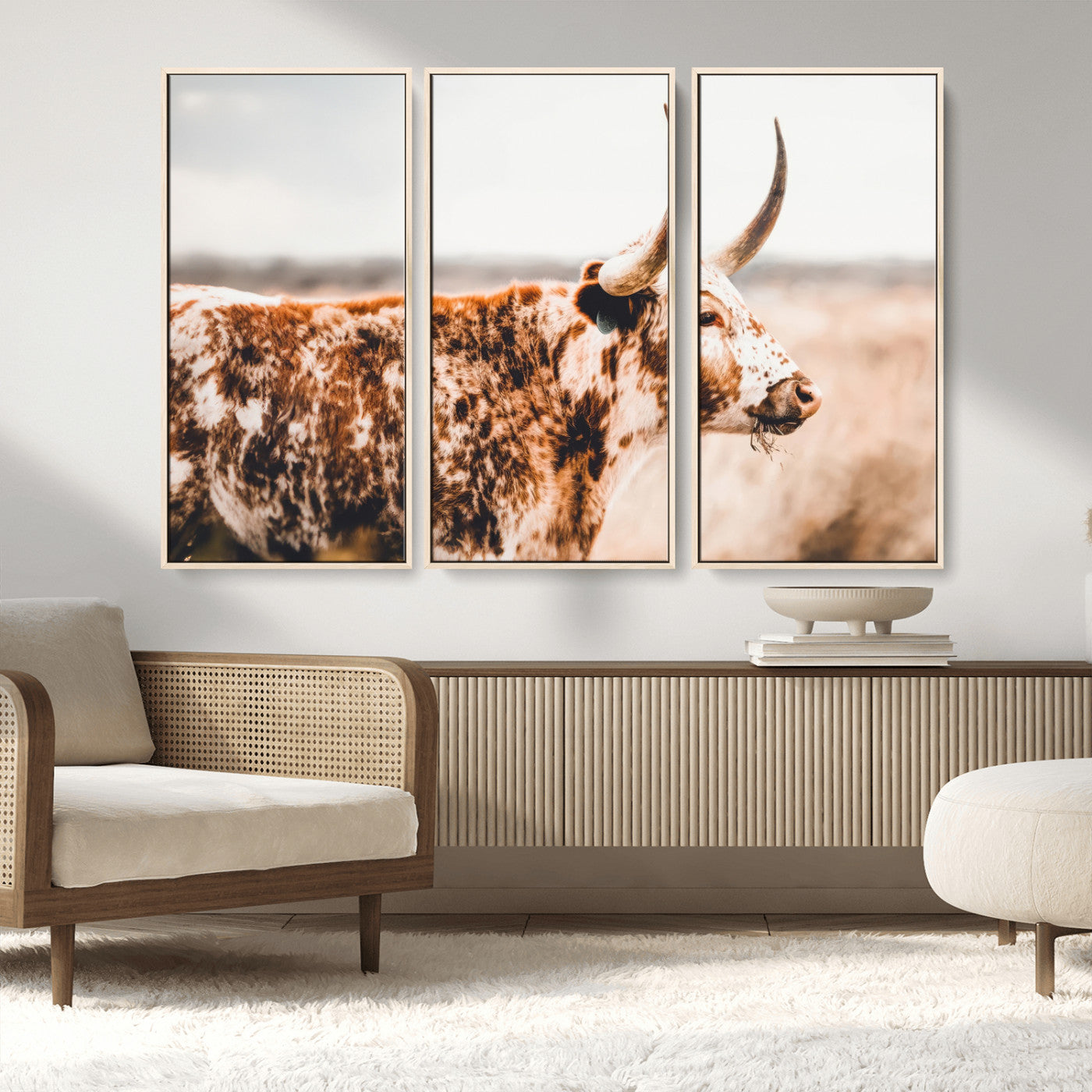 11528295-MGV-CV-36X24-Speckled Longhorn Wall Art Canvas Print, Framed Texas Cattle Art Picture Print, Horned Cow Perfect Rustic Western Decor Artwork