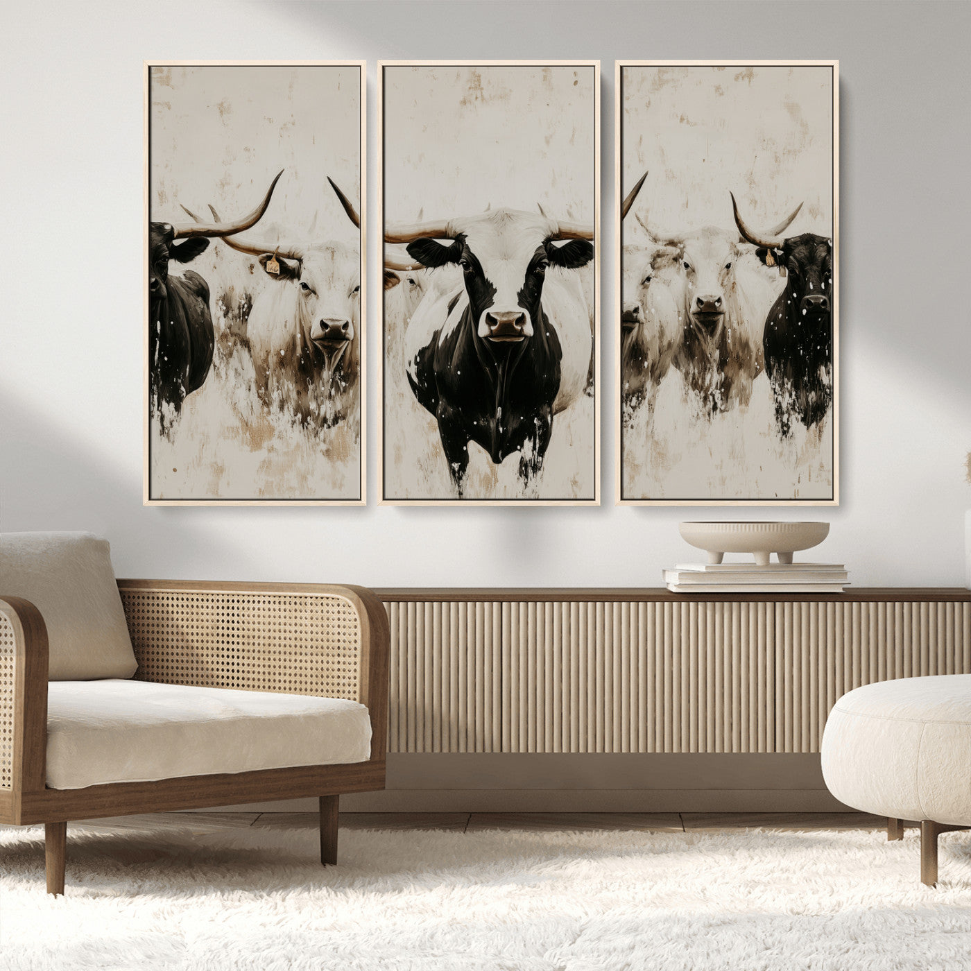 12027562-MGV-FC-48X32-3P_Natural-Longhorn Cattle Wall Art Canvas Print, Framed Bison Herd Art Picture Print, Cattle Group Perfect Rustic Farmhouse Decor Artwork