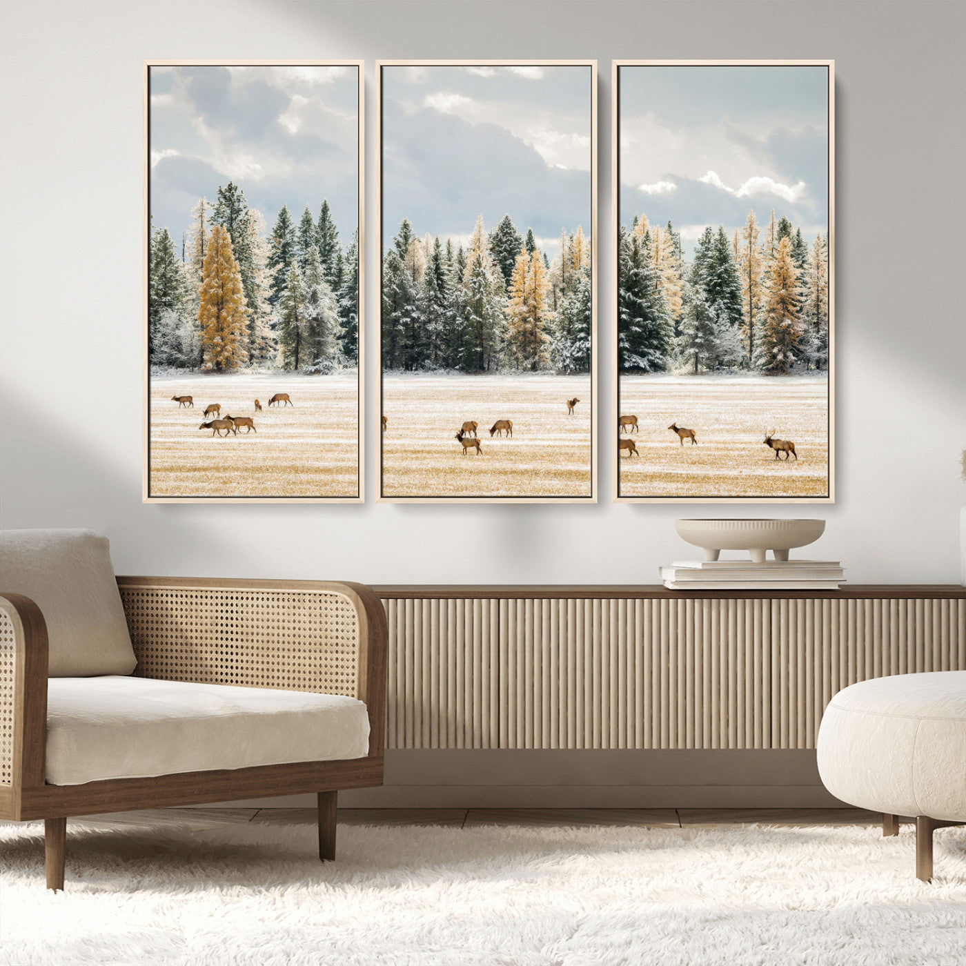 64188182-MGV-CV-36X24-Elk Herd Wall Art Canvas Print, Framed Snowy Forest Art Picture Print, Forest Elks Perfect Neutral Rustic Decor Artwork