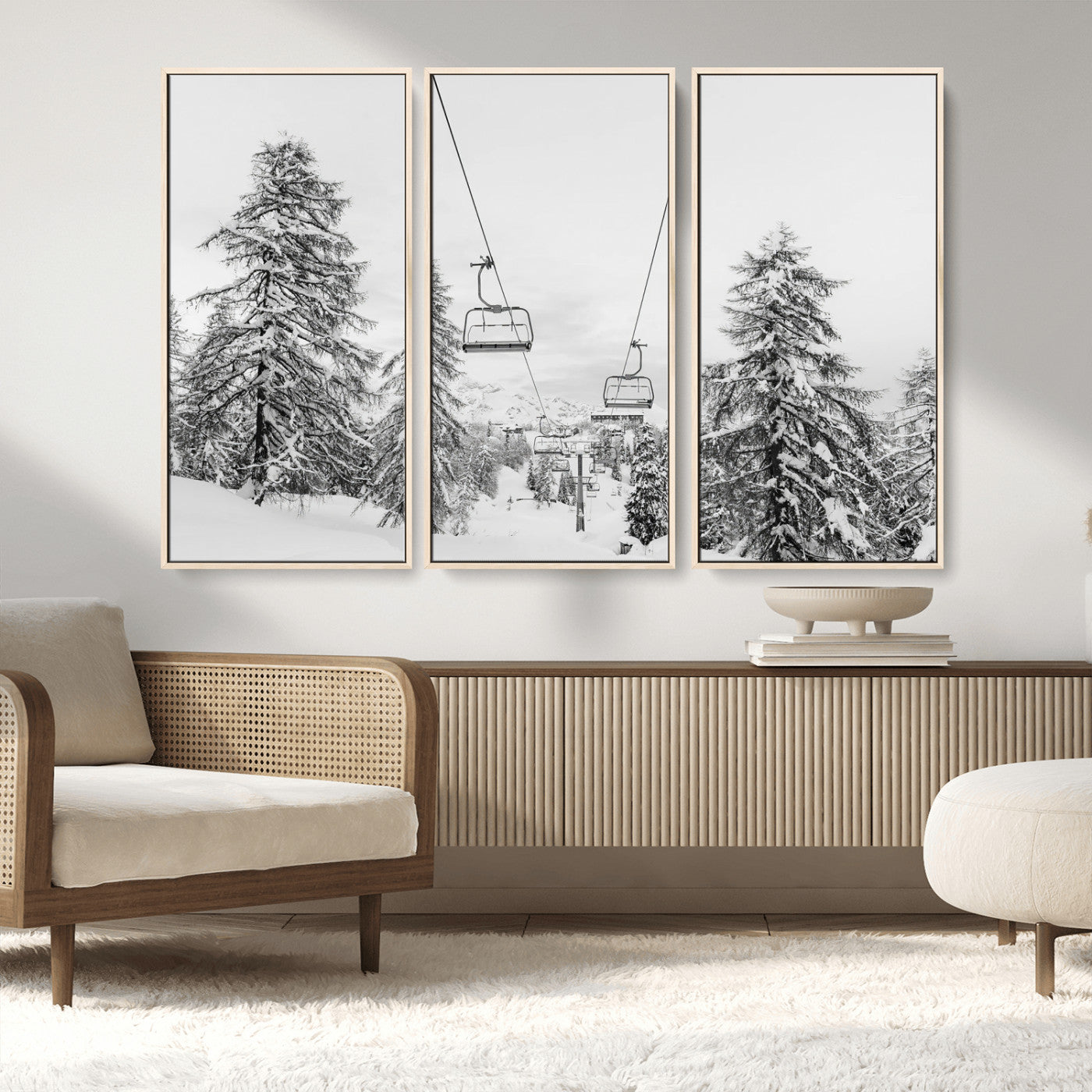 55003599-MGV-CV-36X24-Snowy Ski Lift Wall Art Canvas Print, Framed Winter Forest Art Picture Print, Ski lift Ride Perfect Winter Lodge Decor Artwork