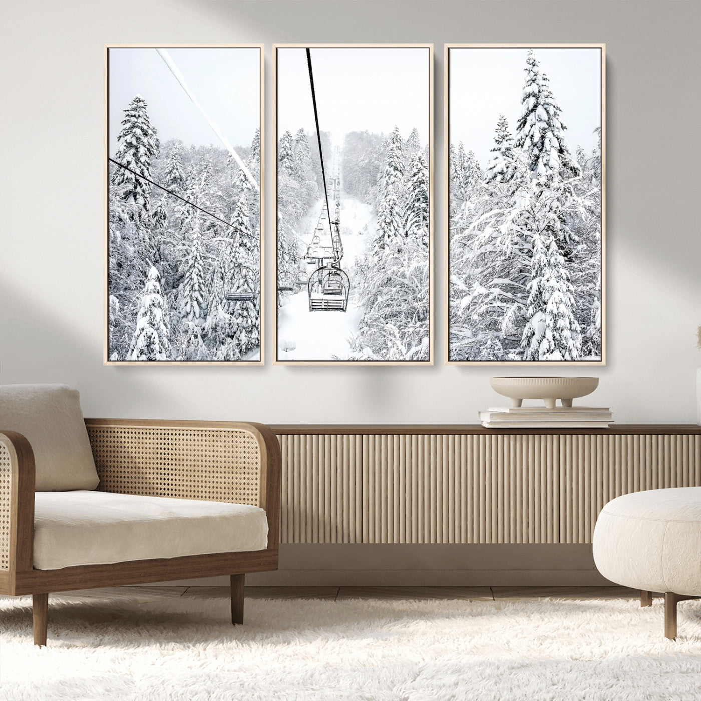 60296839-MGV-CV-36X24-Snowy Mountains Wall Art Canvas Print, Framed Ski Lift Art Picture Print, Winter Forest Perfect Winter Minimalist Decor Artwork