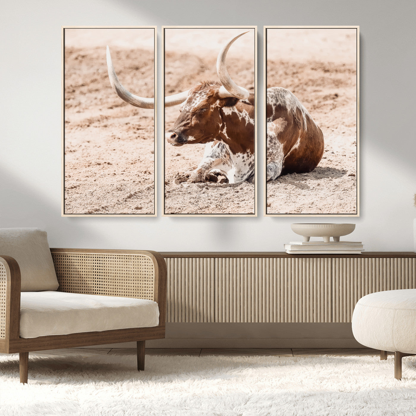 91248682-MGV-CV-36X24-Texas Longhorn Wall Art Canvas Print, Framed Resting Bull Art Picture Print, Spotted Cattle Perfect Rustic Western Decor Artwork