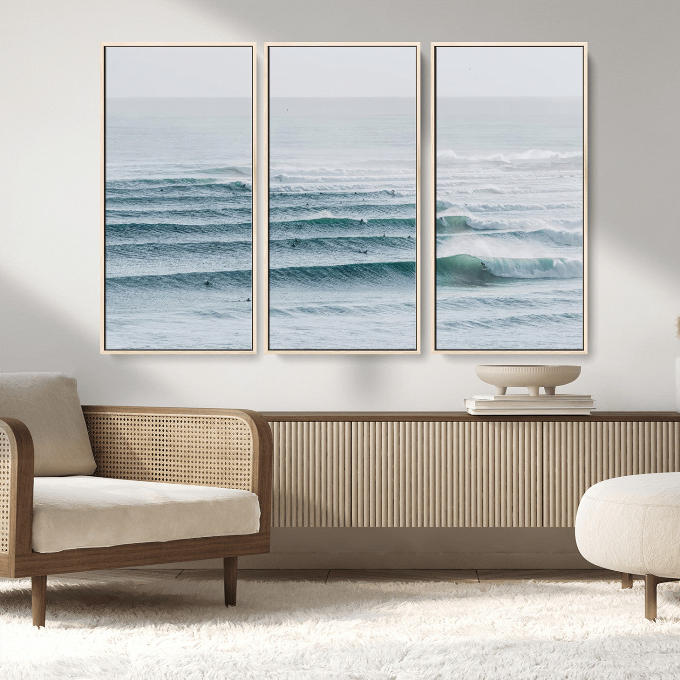 73969318-MGV-CV-36X24-Ocean Waves Wall Art Canvas Print, Framed Surfer Lineup Art Picture Print, Crowded Ocean Perfect Minimal Coastal Decor Artwork