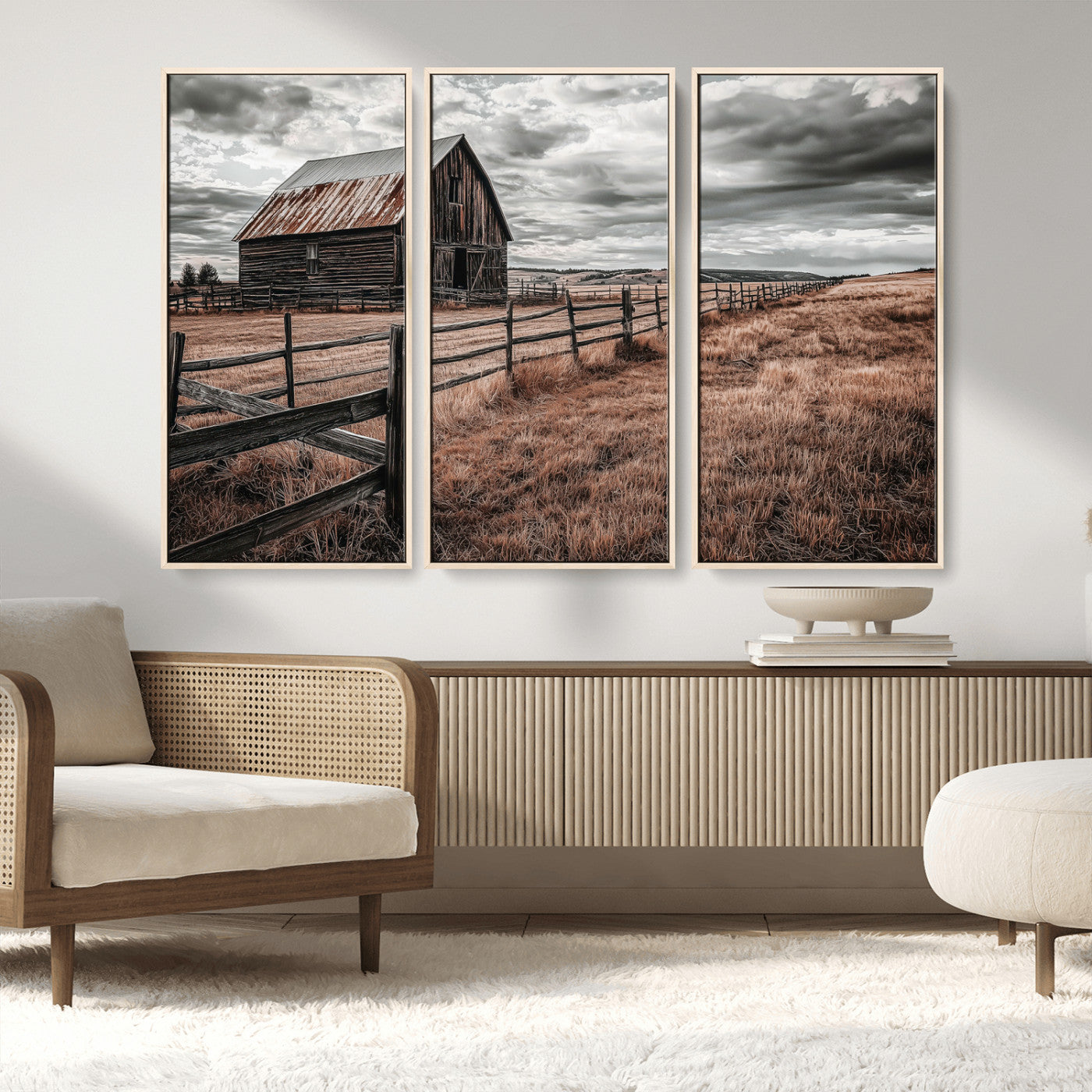 73898372-MGV-CV-36X24-Rustic Barn Wall Art Canvas Print, Framed Moody Field Art Picture Print, Weathered Fence Perfect Moody Farmhouse Decor Artwork