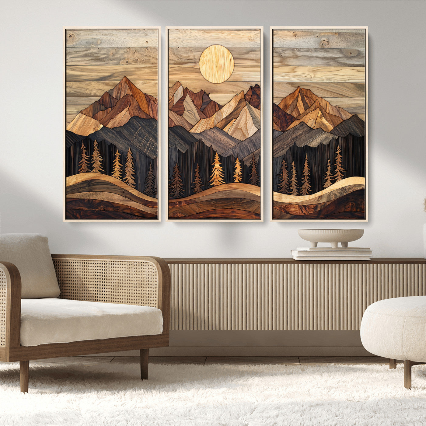 50100230-MGV-CV-36X24-Wooden Mountain Wall Art – Rustic Nature Landscape Canvas Print, Handmade Style Sun, Forest, and Peaks Artwork for Living Room,