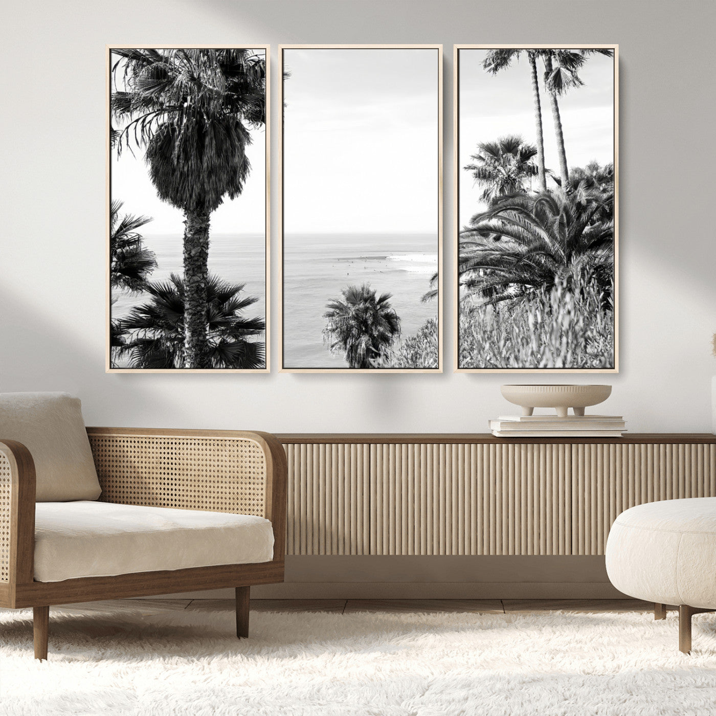 89458520-MGV-CV-36X24-Palm Trees Wall Art Canvas Print, Framed Coastal View Art Picture Print, Ocean Horizon Perfect Monochrome Coast Decor Artwork