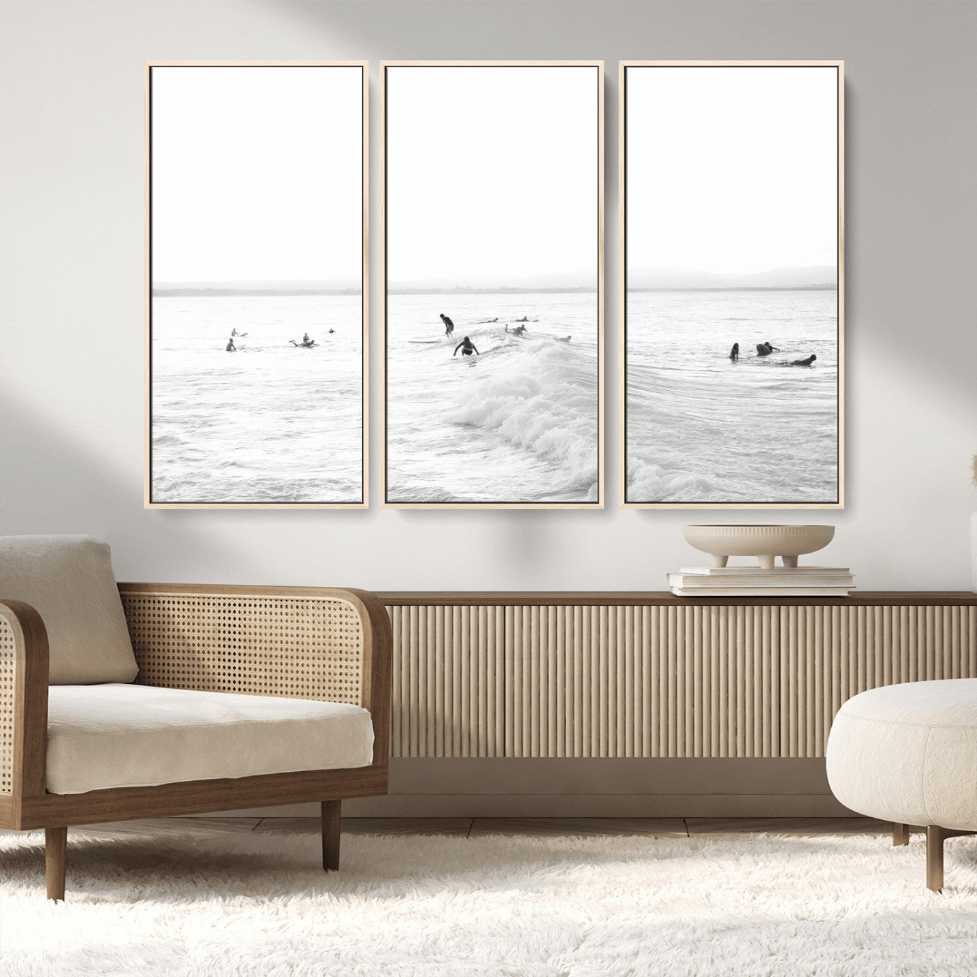 33449548-MGV-FC-48X32-3P_Natural-Group Surfers Wall Art Canvas Print, Framed Ocean Wave Art Picture Print, Surf Crowd Perfect Monochrome Surf Decor Artwork