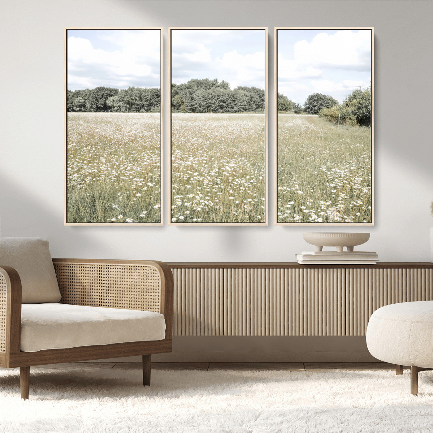 43258946-MGV-CV-36X24-Daisy Field Wall Art Canvas Print, Framed Pastel Flower Art Picture Print, Meadow Bloom Perfect Scandinavian Minimalist Decor