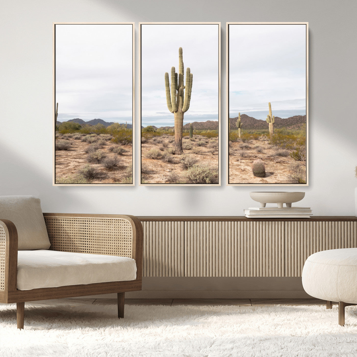 96147924-MGV-FC-48X32-3P_Natural-Saguaro Cactus Wall Art Canvas Print, Framed Desert Cactus Art Picture Print, Earthy Desert Perfect Southwestern Boho Decor