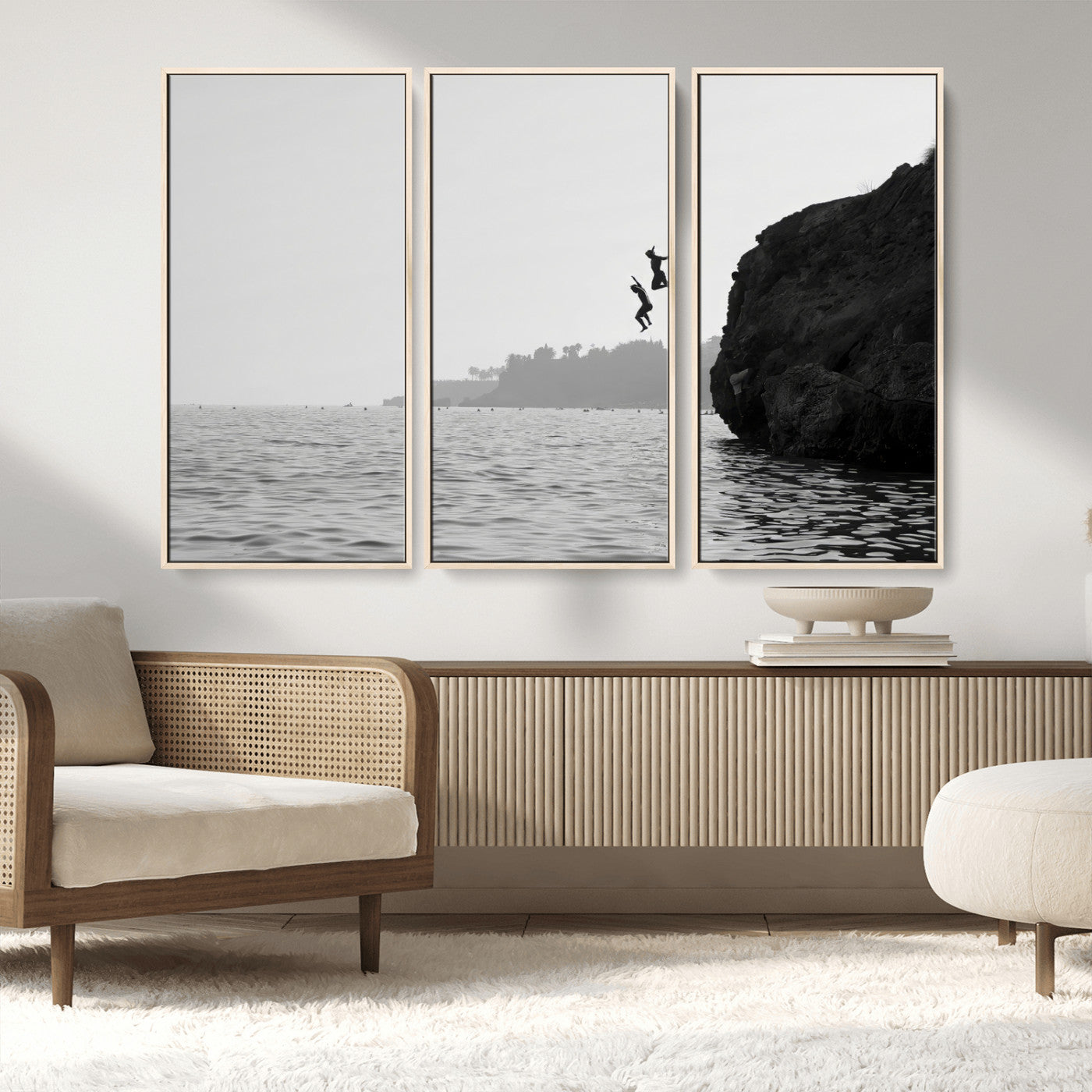 52284302-MGV-CV-36X24-Cliff Jumping Wall Art Canvas Print, Framed Ocean Adventure Art Picture Print, Black White Coast Perfect Modern Coastal Decor