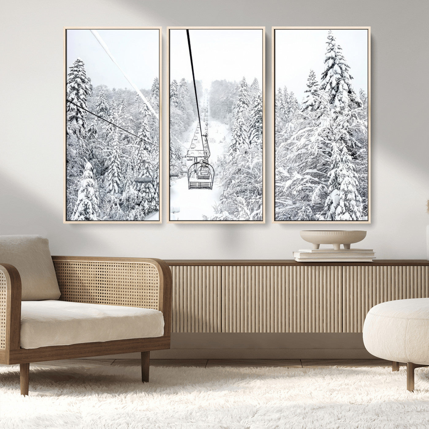 44705668-MGV-FC-48X32-3P_Natural-Winter Forest Wall Art Canvas Print, Framed Snowy Forest Art Picture Print, Ski Lift Perfect Scandinavian Decor Artwork