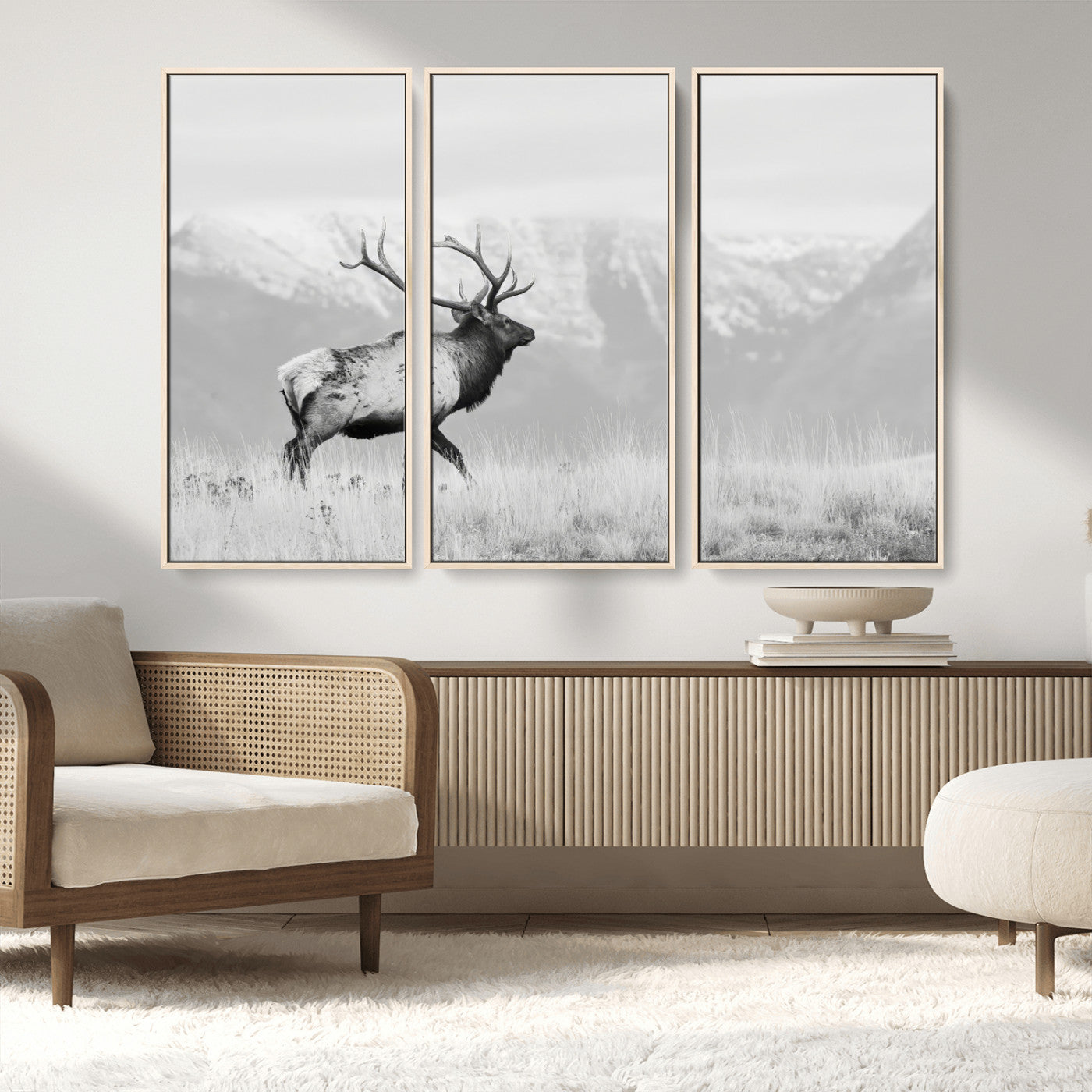 62278753-MGV-CV-36X24-Monochrome Elk Wall Art Canvas Print, Framed Mountain Wildlife Art Picture Print, Rustic Nature Perfect Rustic Minimalist Decor