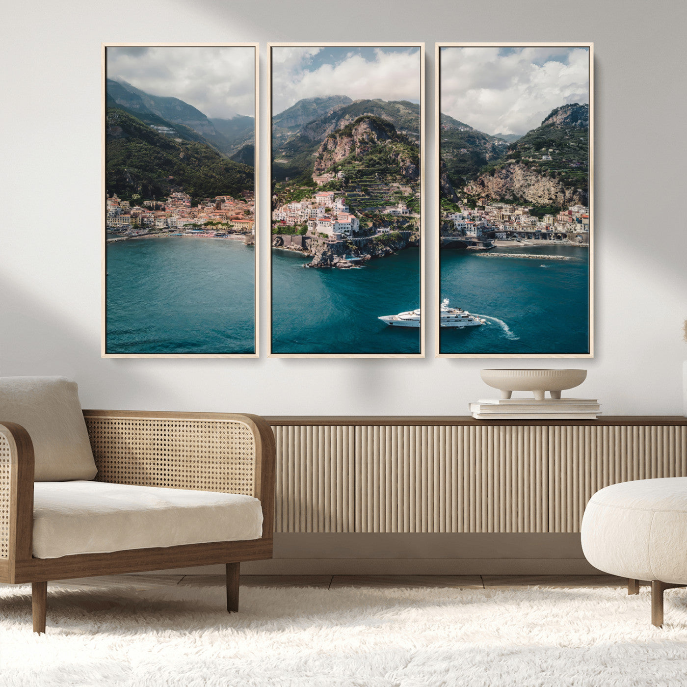 20321590-MGV-FC-48X32-3P_Natural-Amalfi Coast Wall Art Canvas Print, Framed Italy Travel Art Picture Print, Mediterranean Landscape Perfect Mediterranean Coastal