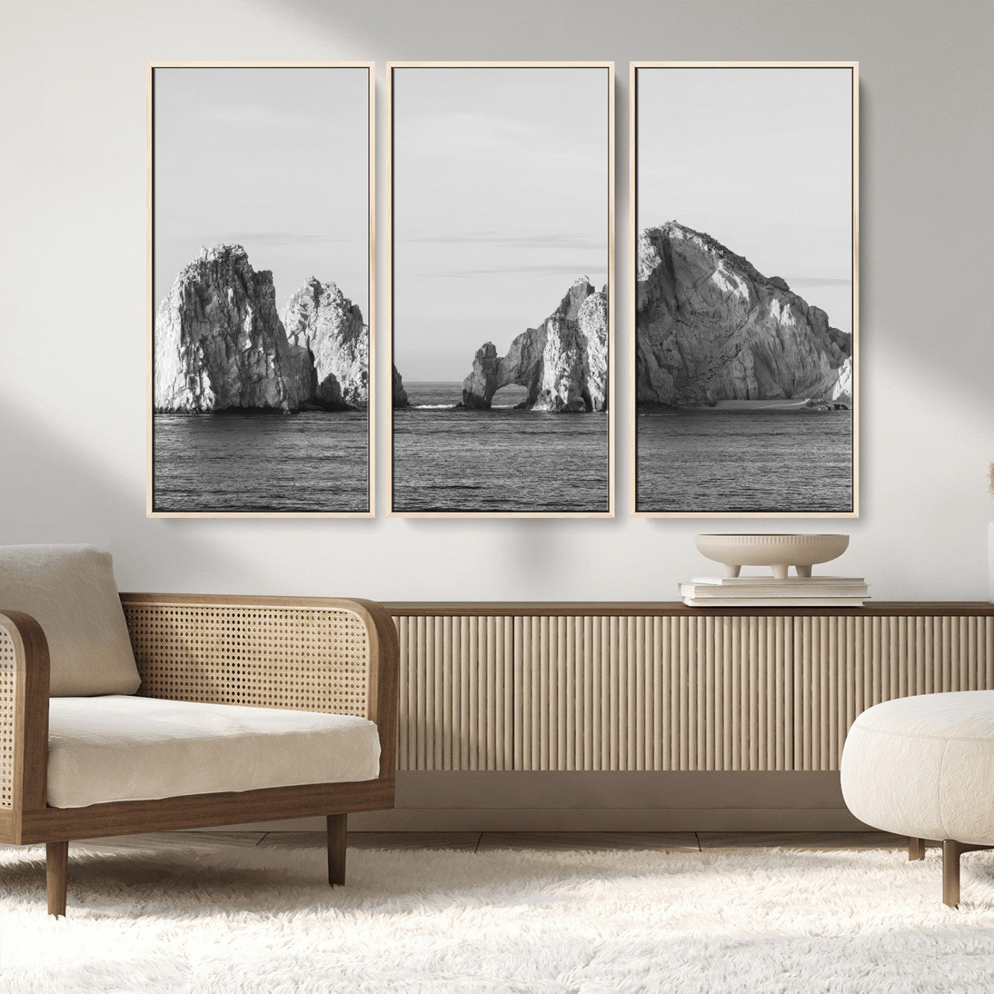 18810731-MGV-FC-48X32-3P_Natural-Rugged Coastline Wall Art Canvas Print, Framed Ocean Cliffs Art Picture Print, Monochrome Seascape Perfect Coastal Minimalist
