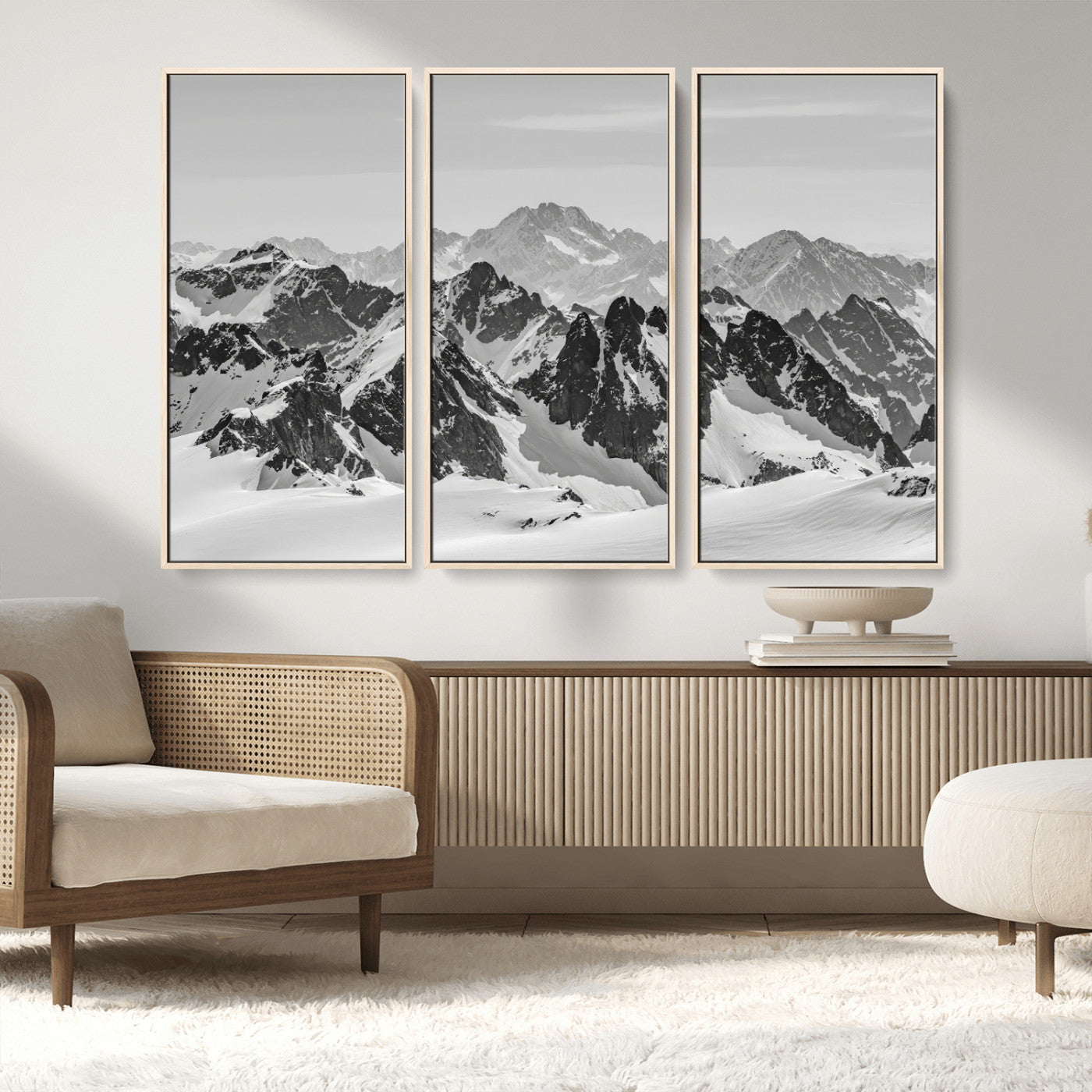 46884246-MGV-FC-48X32-3P_Natural-Snowy Mountain Wall Art Canvas Print, Framed Mountain Peaks Art Picture Print, Alpine Mountains Perfect Minimalist Alpine Decor