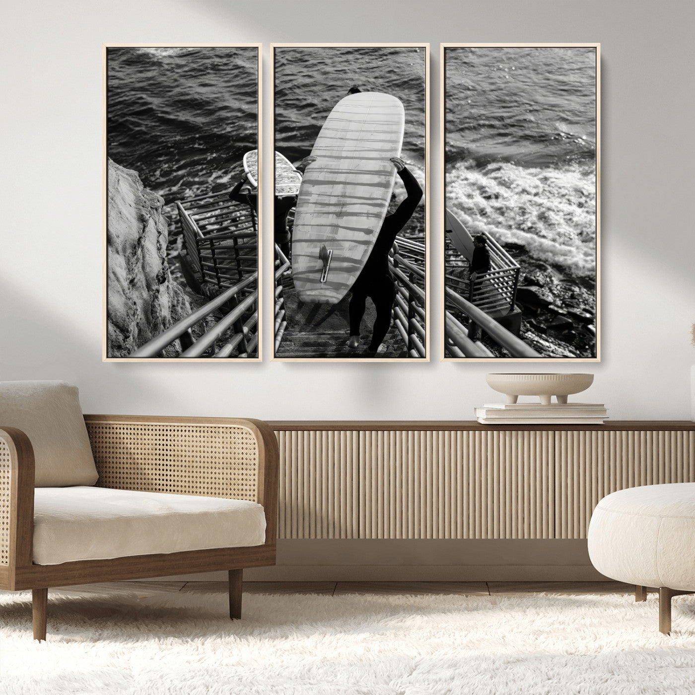 32353707-MGV-CV-36X24-Black White Surfing Wall Art Canvas Print, Framed Coastal Surfing Art Picture Print, Wave Riders Perfect Coastal Adventure Decor