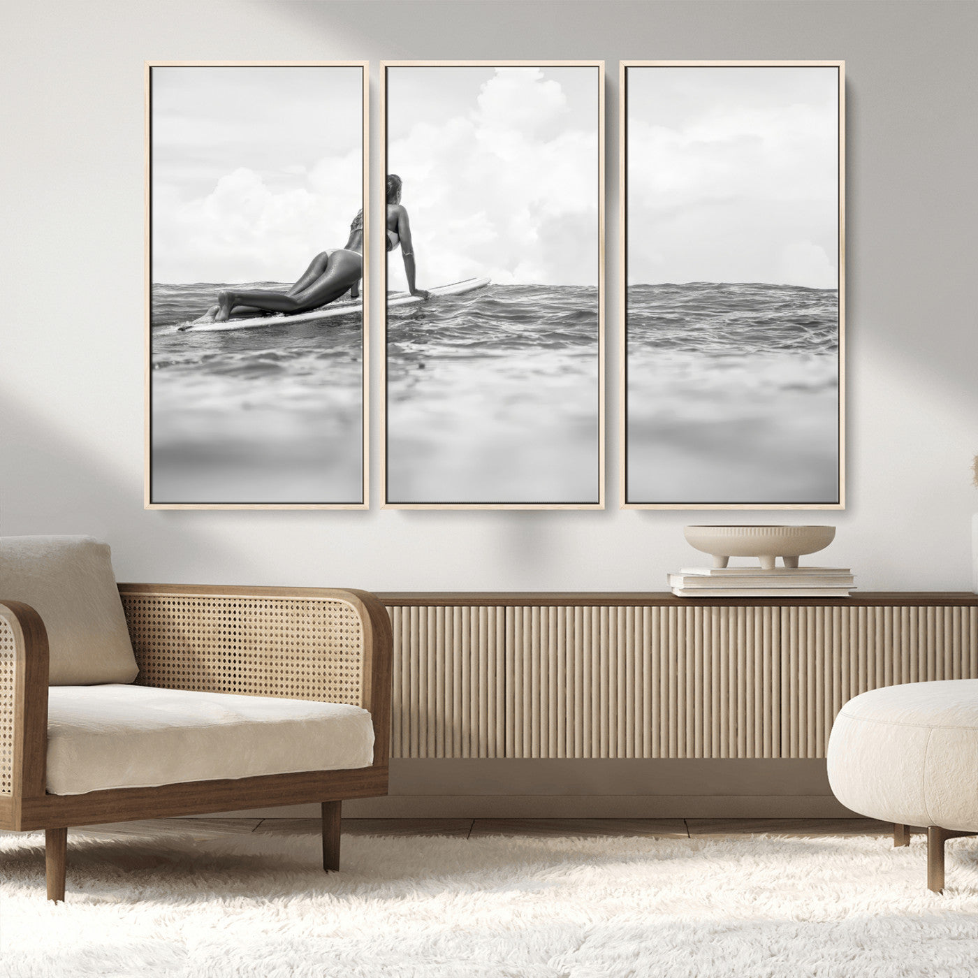 69798068-MGV-FC-48X32-3P_Natural-Black White Surfing Wall Art Canvas Print, Framed Ocean Horizon Art Picture Print, Surfer Girl Perfect Coastal Adventure Decor