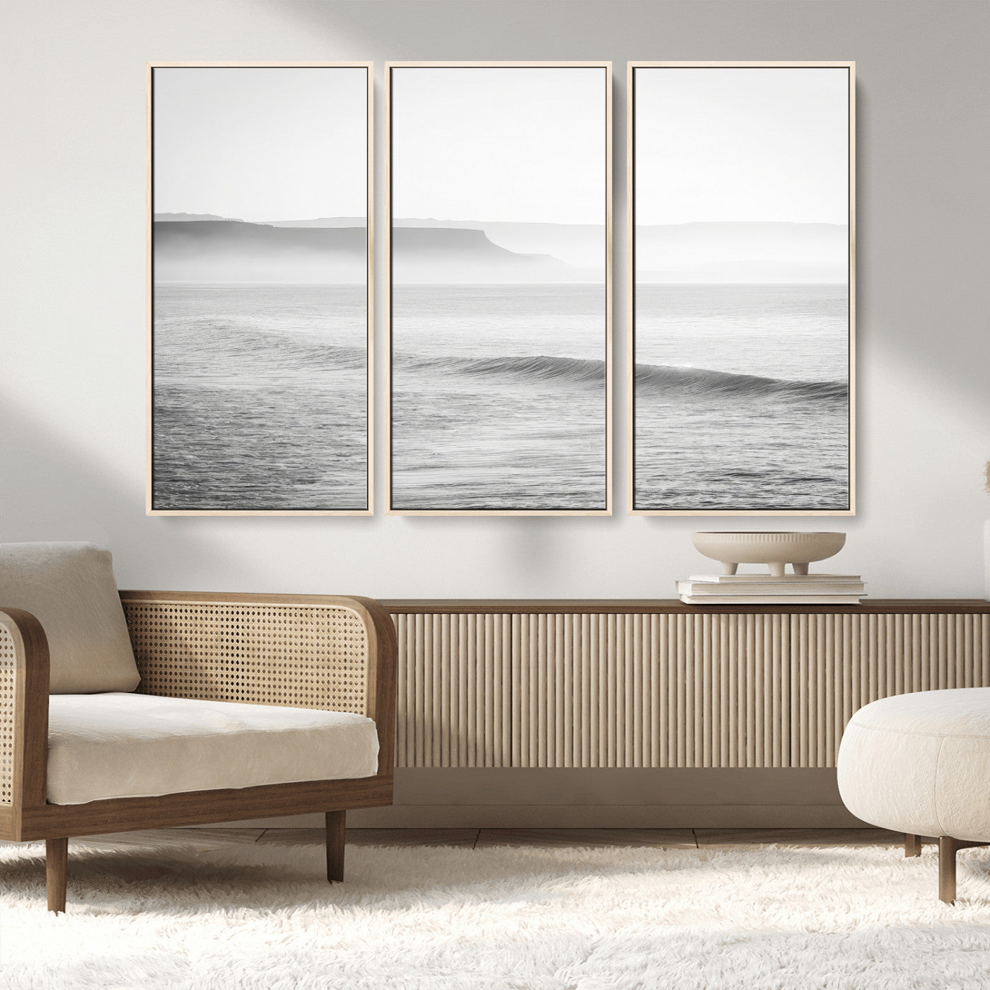 60635783-MGV-CV-36X24-Black White Seascape Wall Art Canvas Print, Framed Ocean Waves Art Picture Print, Misty Coastal Perfect Minimalist Coastal Decor