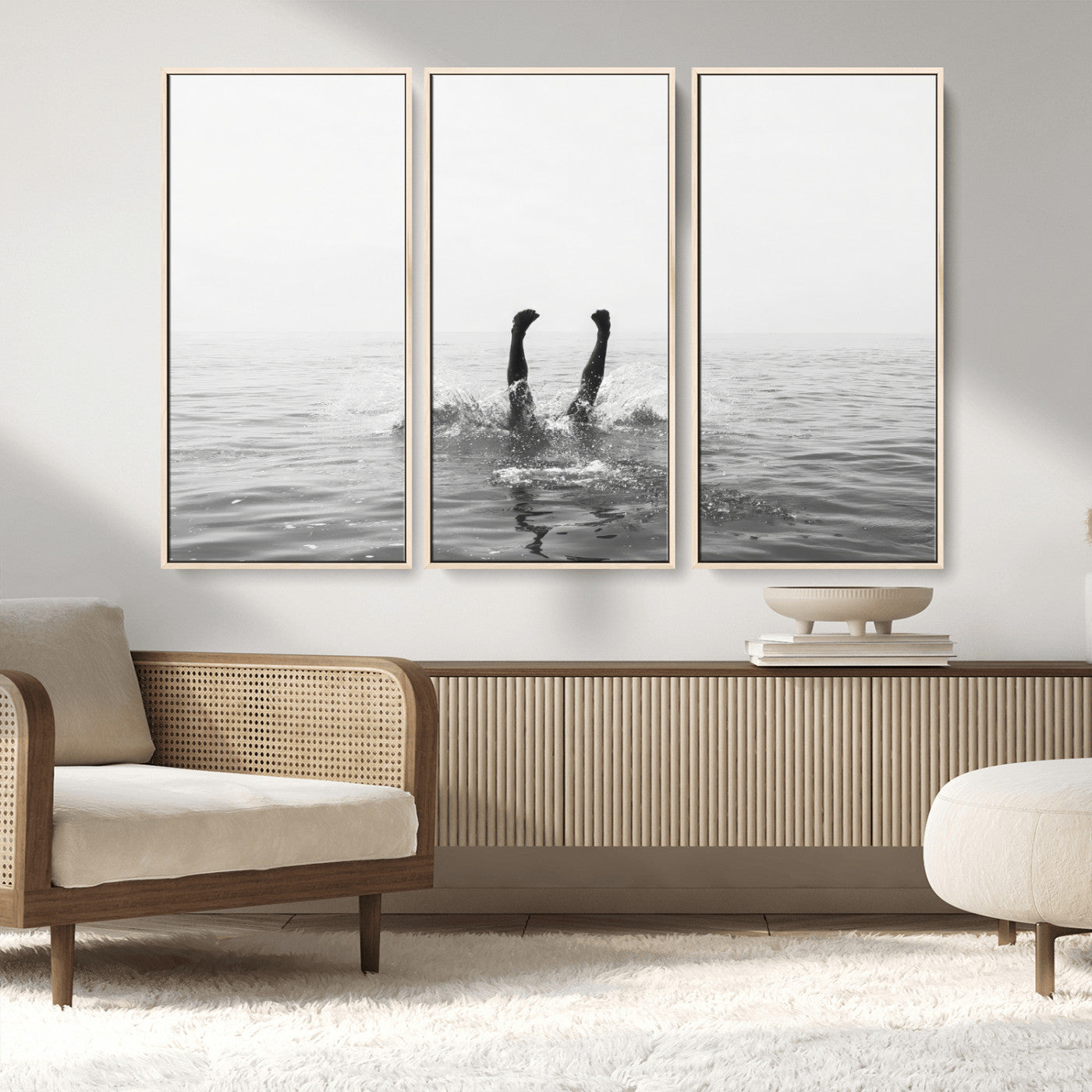 26667396-MGV-CV-36X24-Black White Ocean Wall Art Canvas Print, Framed Monochrome Water Art Picture Print, Diving into Water Perfect Minimalist Aquatic