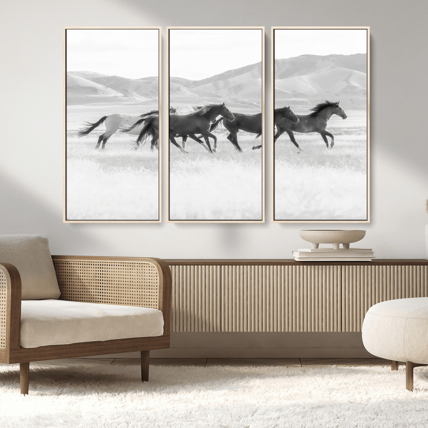 69934913-MGV-FC-48X32-3P_Natural-Wild Horses Running Wall Art Canvas Print, Framed Black White Mustangs Art Picture Print, Rustic Western Perfect Rustic Western