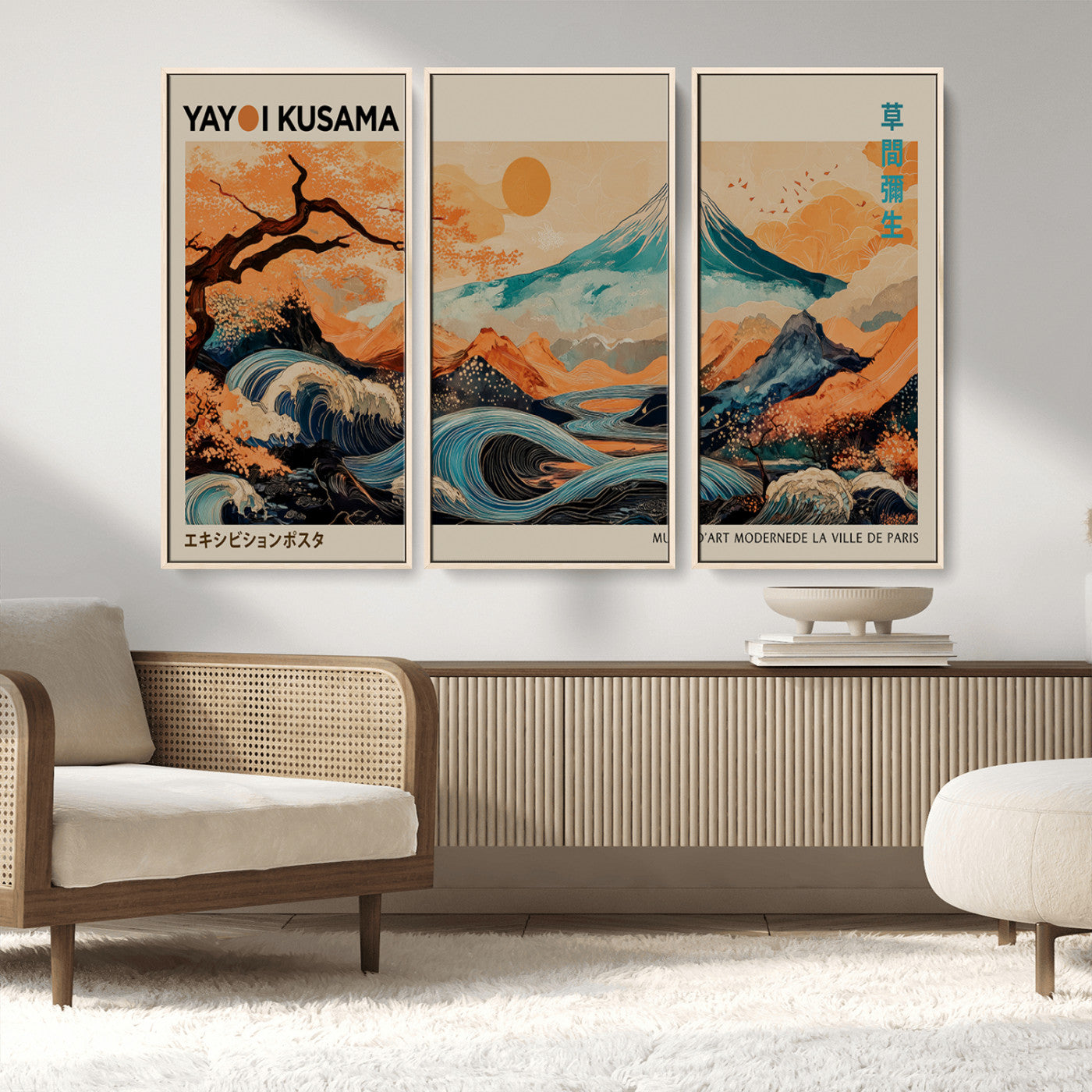 22373530-MGV-FC-48X32-3P_Natural-Japanese Mt Fuji Wave Art Print – Ukiyo e Inspired Sun & Cherry Blossom Poster, Traditional Asian Landscape Painting, Modern