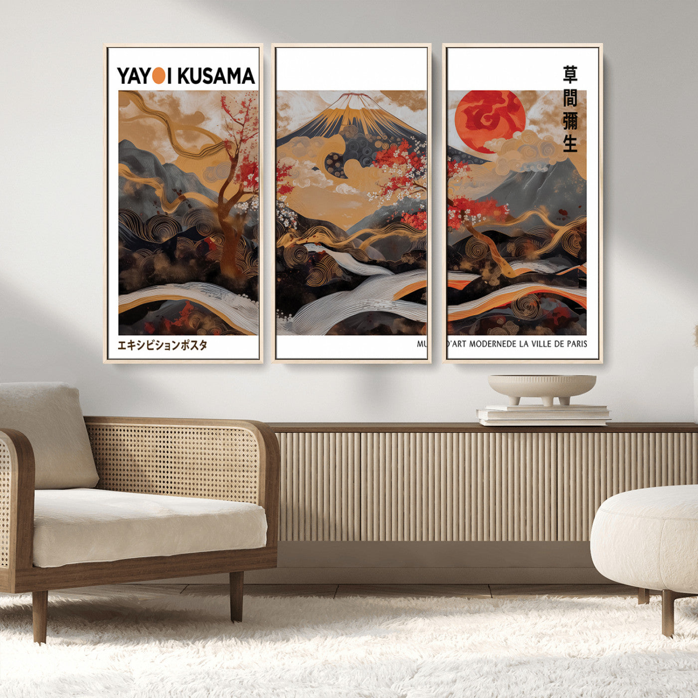 40959107-MGV-CV-36X24-Japanese Fuji Wall Art Print – Red Sun & Cherry Blossom Poster, Gold Wave Ukiyo-e Inspired Modern Japan Landscape Painting,