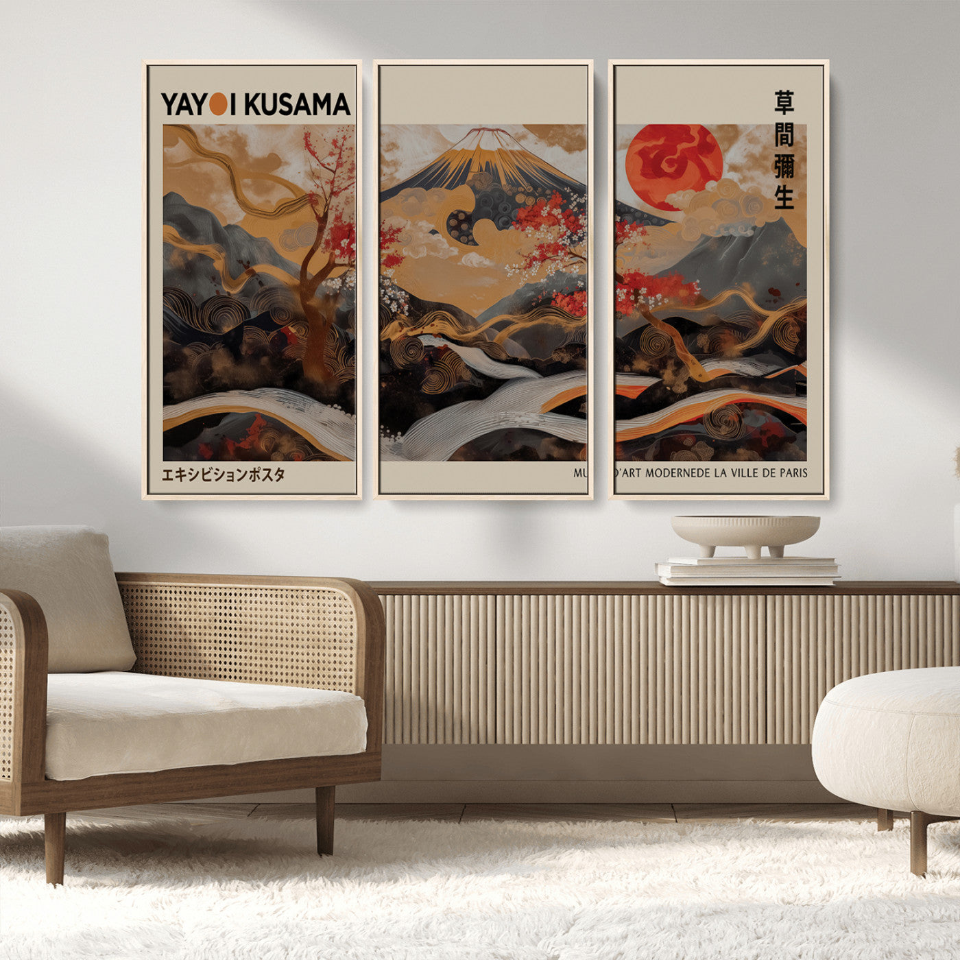 77970791-MGV-CV-36X24-Mount Fuji Golden Abstract Wall Art – Japanese Landscape Canvas Poster, Cherry Blossom & Red Sun Painting, Elegant Zen Oriental