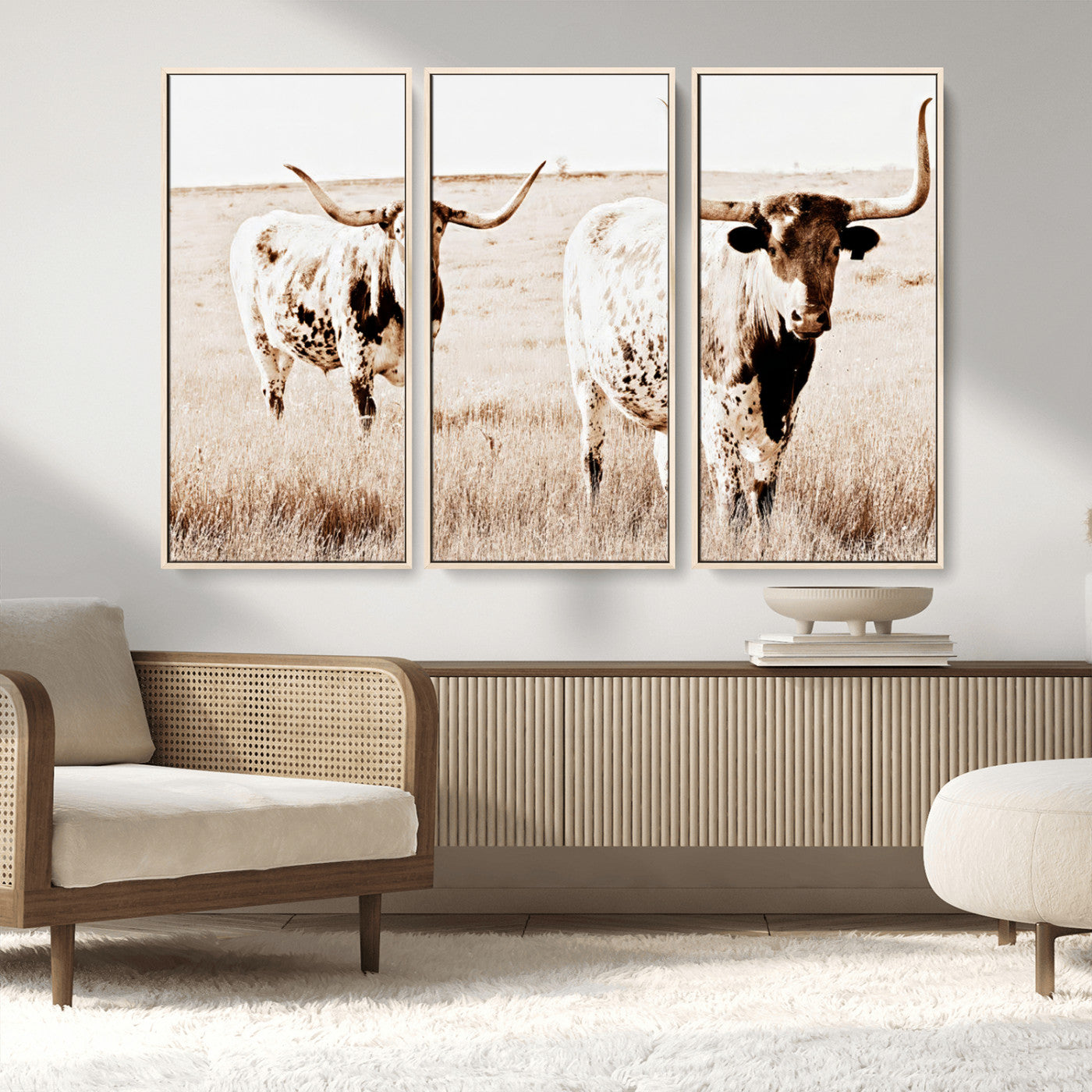39672786-MGV-FC-48X32-3P_Natural-Rustic Cow Scene Wall Art Canvas Print, Framed Farmhouse Style Cattle Art Picture Print, Prairie Animal Duo Perfect Rustic Western