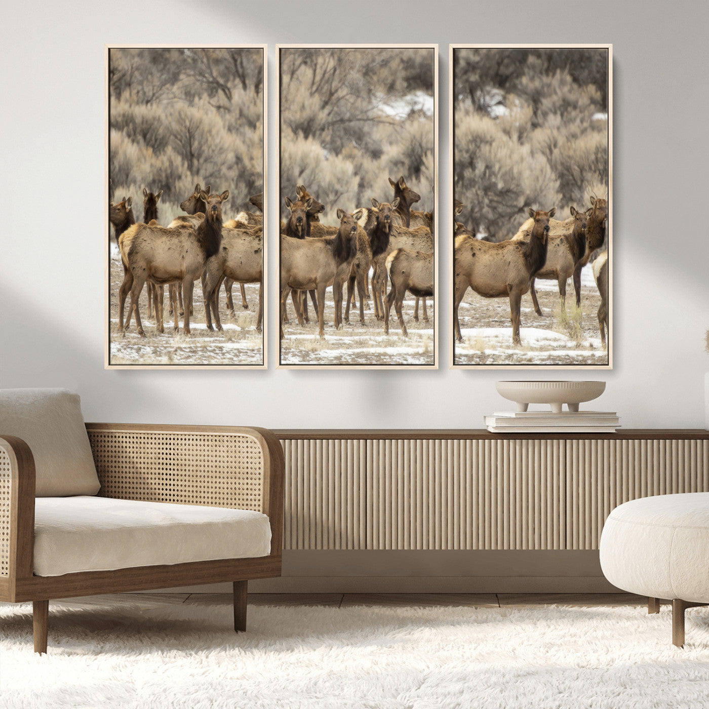 90269422-MGV-CV-36X24-Elk Herd Scene Wall Art Canvas Print, Framed Rustic Wildlife Decor Art Picture Print, Western Cabin Style Perfect Rustic Lodge