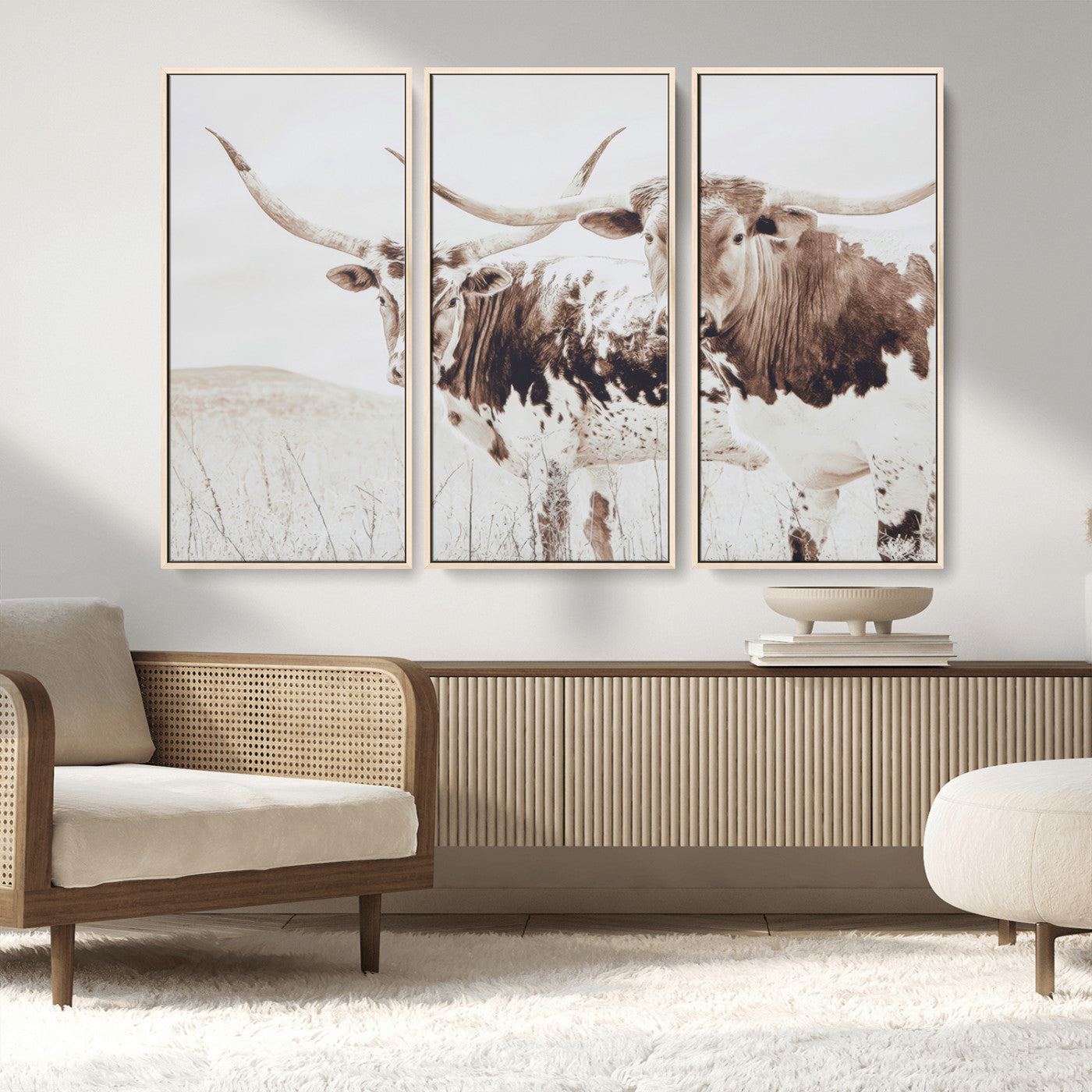 48161868-MGV-FC-48X32-3P_Natural-Longhorn Cow Decor Wall Art Canvas Print, Framed Rustic Cattle Art Picture Print, Sepia Western Vibe Perfect Neutral Rustic