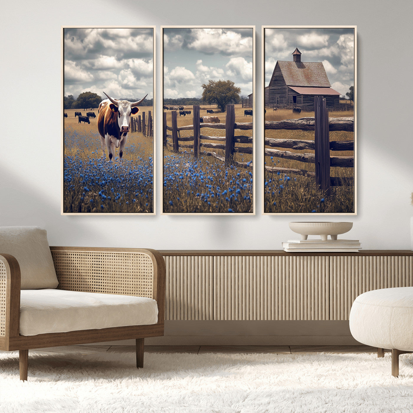 22296025-MGV-FC-48X32-3P_Natural-Texas Longhorn Canvas Wall Art Canvas Print, Framed Rustic Barn Wall Art Art Picture Print, Farmhouse Cow Decor Perfect Rustic