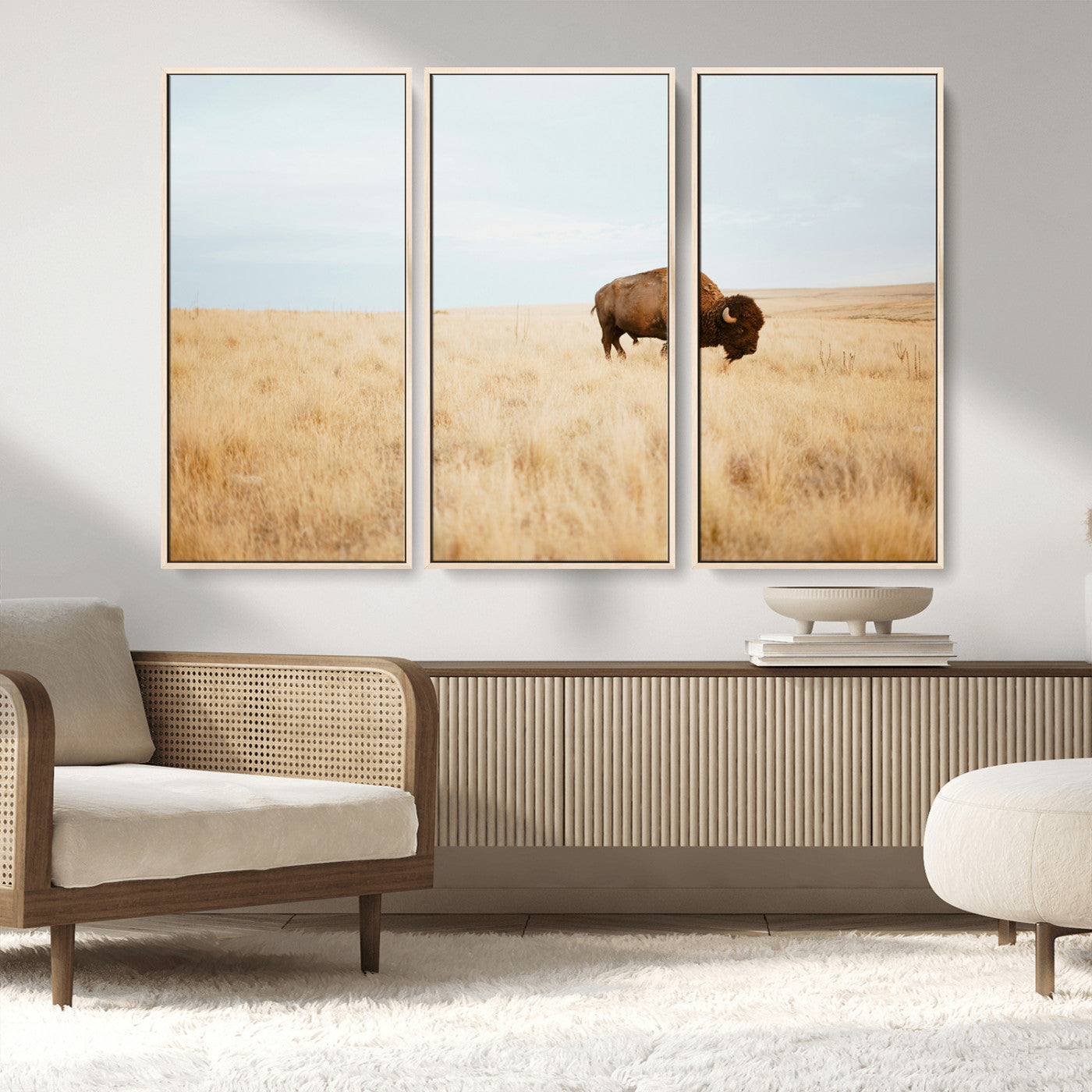 61392510-MGV-FC-48X32-3P_Natural-Buffalo Wall Art Wall Art Canvas Print, Framed Western Wildlife Decor Art Picture Print, Rustic Farmhouse Art Perfect Rustic