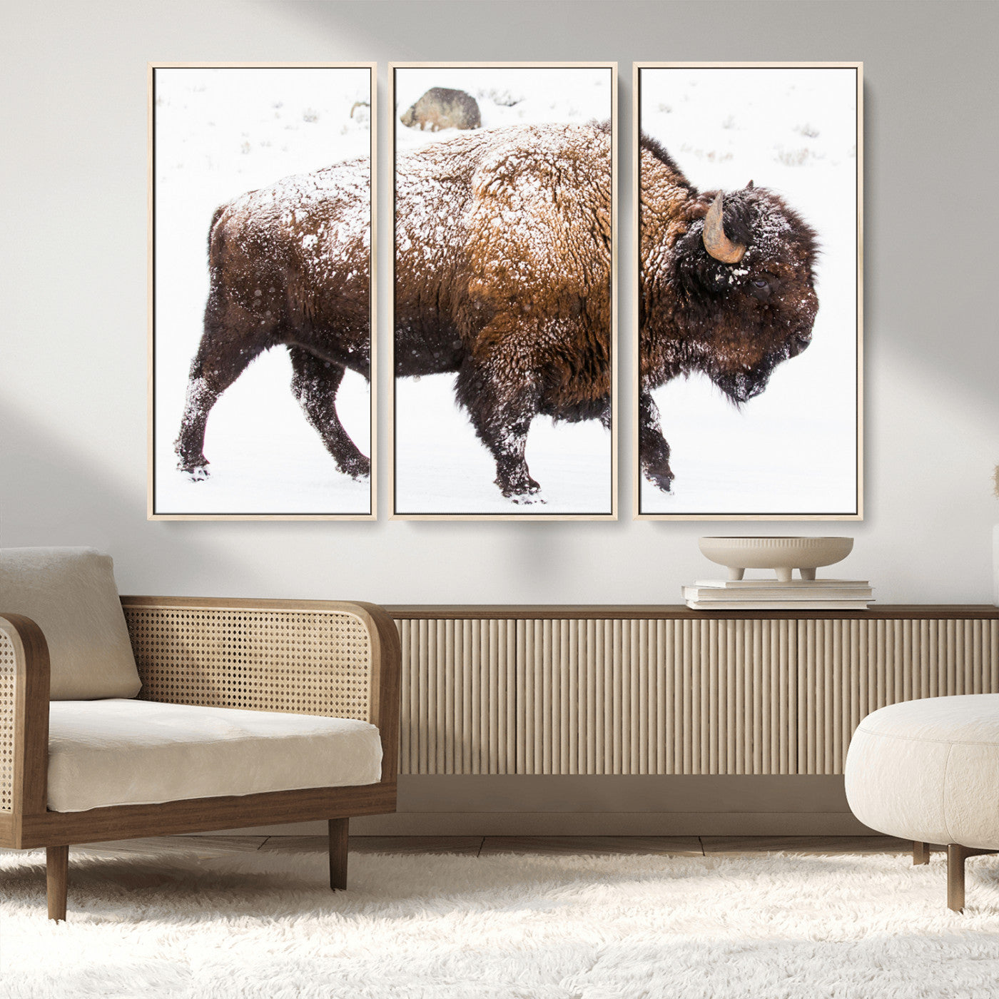 94261165-MGV-CV-36X24-Snowy Buffalo Wall Art Canvas Print, Framed Wildlife Photography Art Picture Print, Brown Tones Perfect Rustic Lodge Decor Decor