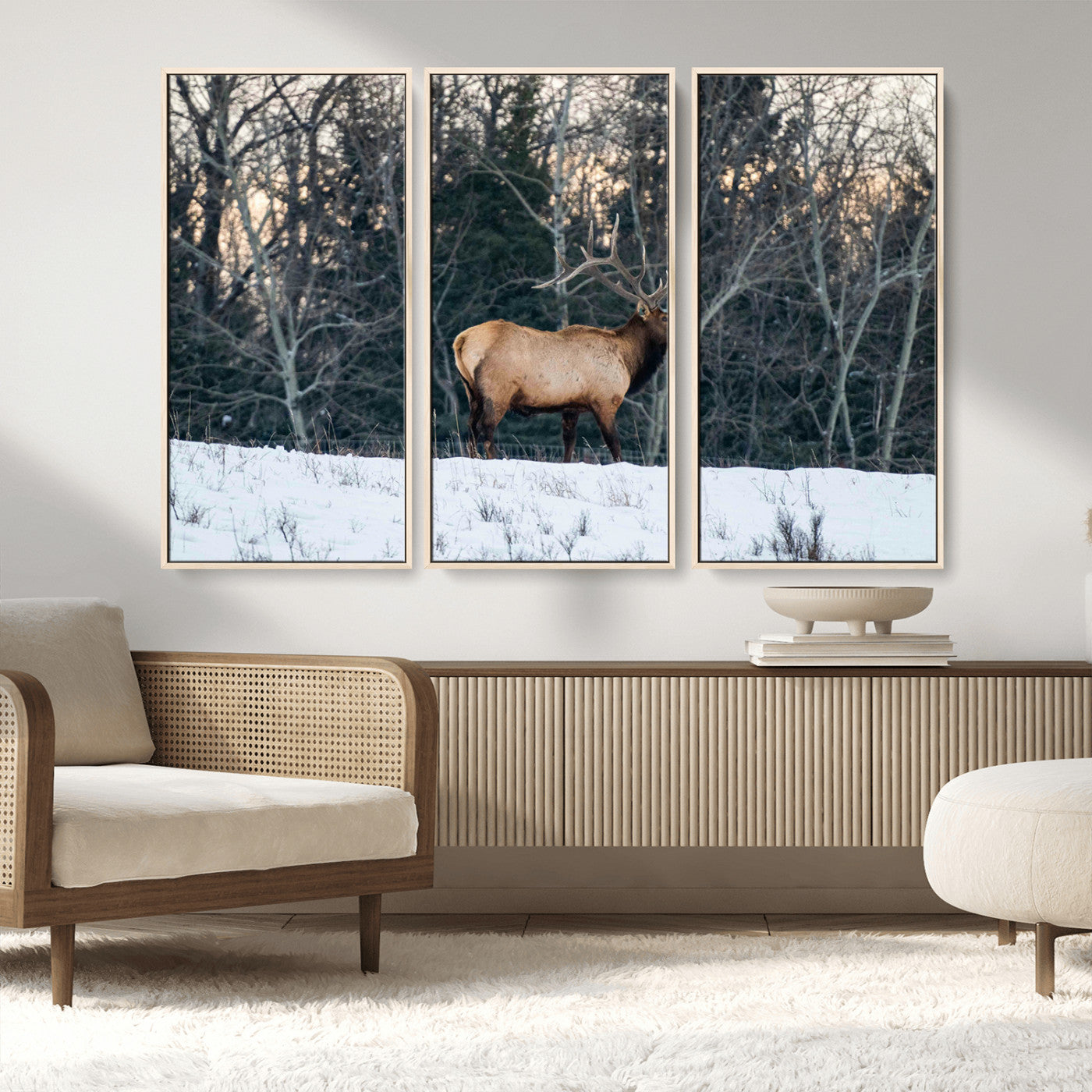 36533178-MGV-FC-48X32-3P_Natural-Wild Elk Photography Wall Art Canvas Print, Framed Winter Wildlife Art Picture Print, Snowy Forest Perfect Rustic Lodge Decor