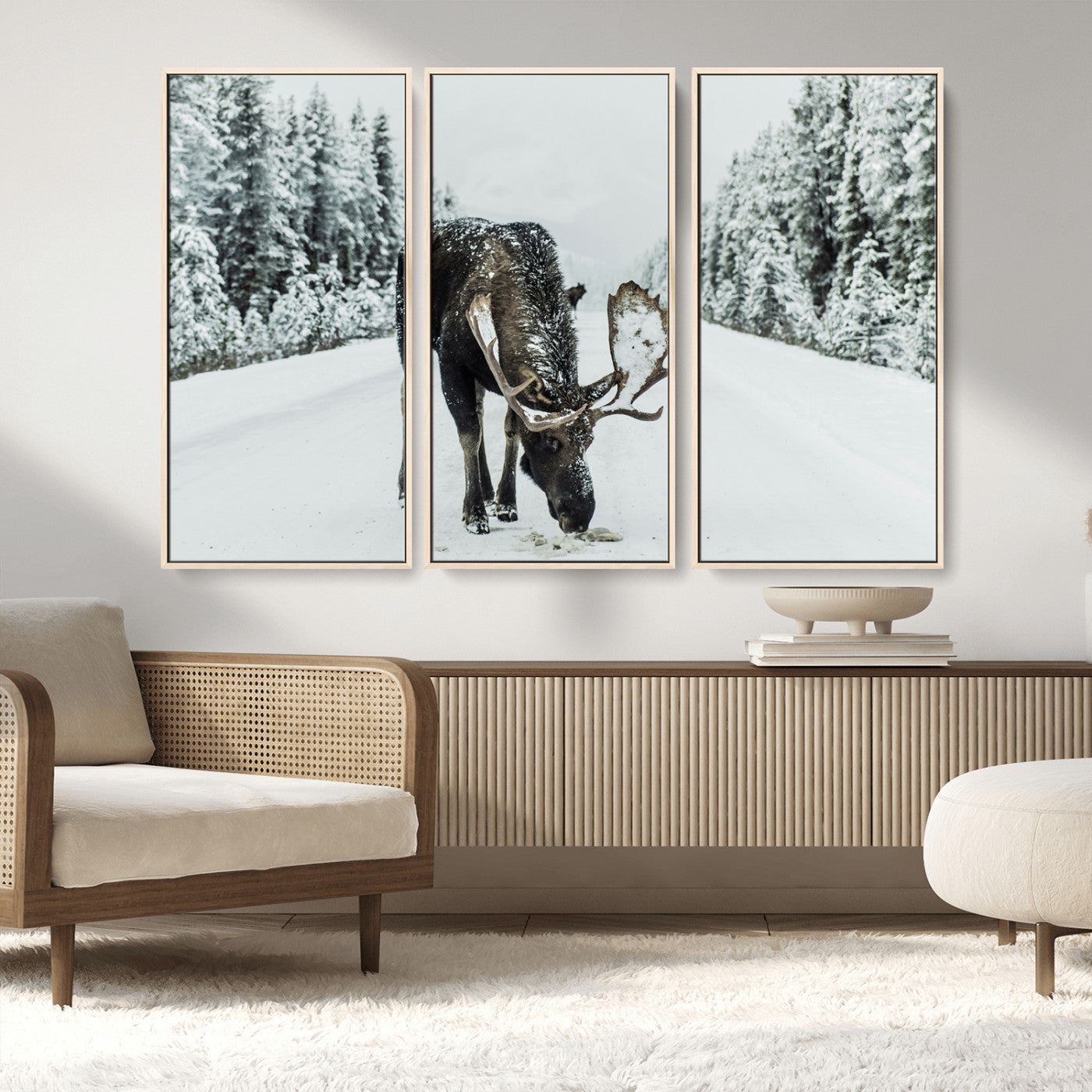 13316292-MGV-FC-48X32-3P_Natural-Moose in Snow Wall Art Canvas Print, Framed Winter Wildlife Art Picture Print, Snowy Forest Scene Perfect Rustic Lodge Decor