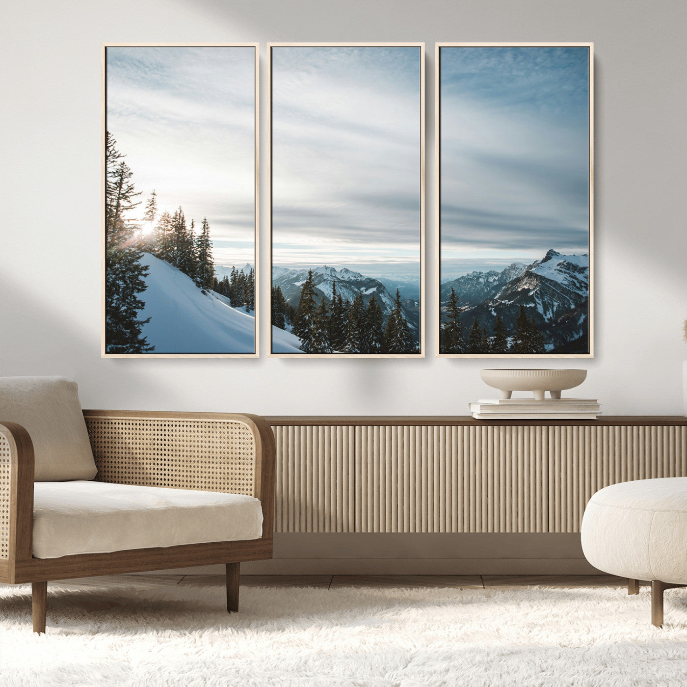 55564749-MGV-FC-48X32-3P_Natural-Snowy Mountains Wall Art Canvas Print, Framed Alpine Landscape Art Picture Print, Frosty Peaks Perfect Nordic Minimalist Decor