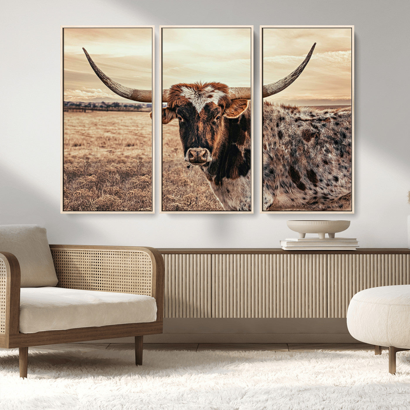 95745718-MGV-FC-48X32-3P_Natural-Texas Longhorn Wall Art – Western Cattle Photography Canvas Print, Rustic Ranch Animal Artwork Country Farmhouse Decor for Living