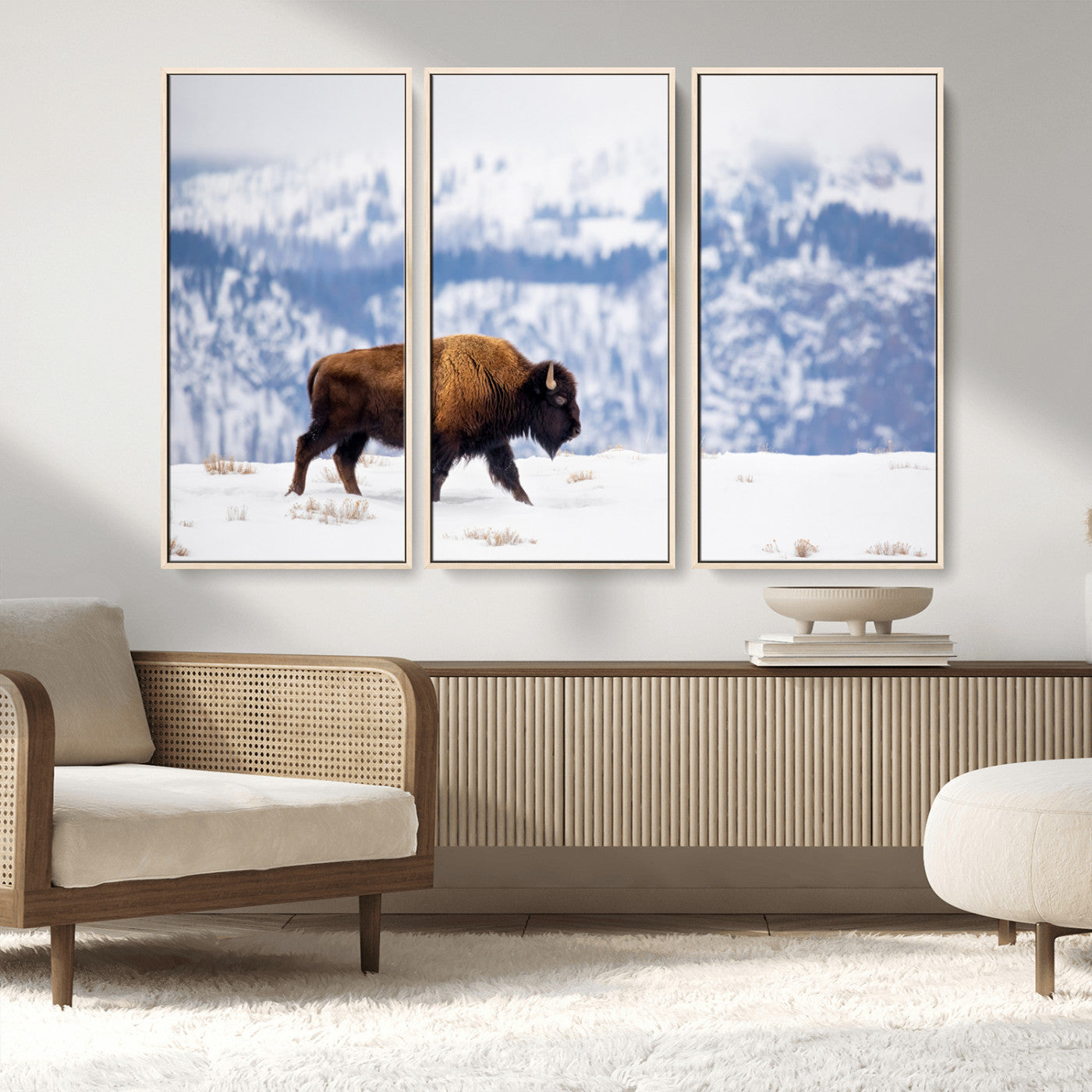 21623194-MGV-FC-48X32-3P_Natural-Snow Bison Wall Art – Majestic Buffalo Wildlife Canvas Print, Winter Nature Décor for Rustic Living Room, Farmhouse, Cabin, Lodge