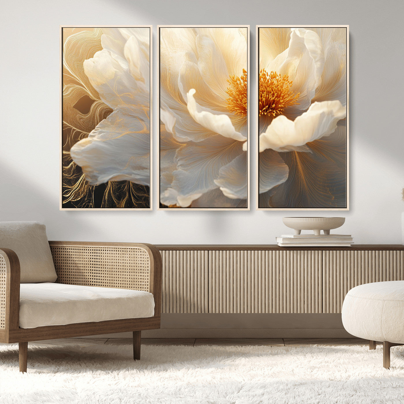 29539087-MGV-FC-48X32-3P_Natural-Floral Wall Art – Elegant White and Gold Bloom Canvas Print, Romantic Modern Flower Artwork for Bedroom, Living Room, or Office