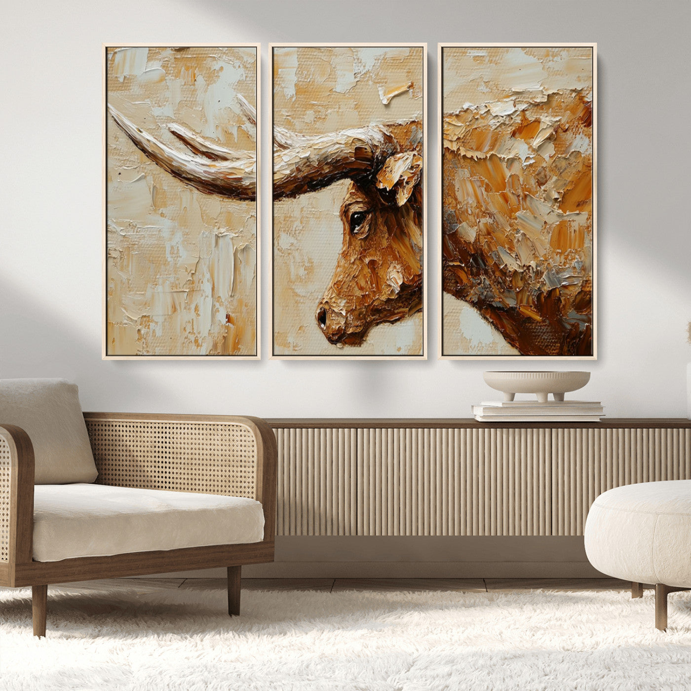 69611428-MGV-FC-48X32-3P_Natural-Longhorn Bull Wall Art – Rustic Western Canvas Print, Textured Farmhouse Cattle Painting for Living Room, Office, or Ranch House